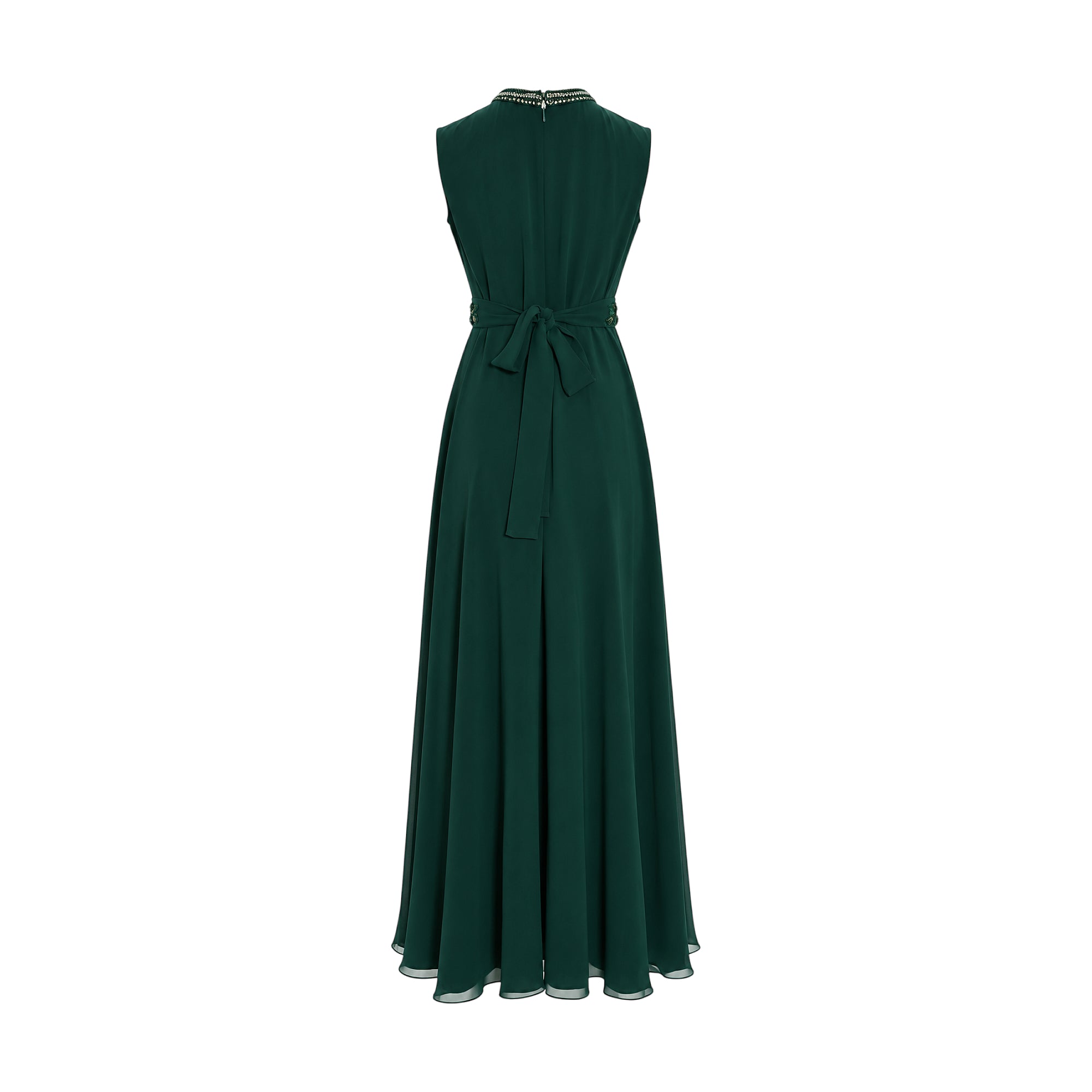 Emerald green sleeveless maxi kaftan with a high beaded neckline and a self-tie bow at the back waist. Sheer hem.