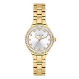 FREELOOK women's gold-tone stainless steel bracelet watch featuring a silver sunray dial, crystal-set hour markers, and sparkling crystal bezel.