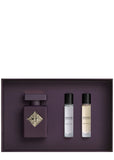 Initio Parfums Privés Atomic Rose discovery gift set presented inside a deep purple insert, featuring a 50ml main perfume bottle alongside two 10ml travel sprays of Atomic Rose and Side Effect, available at blue salon.