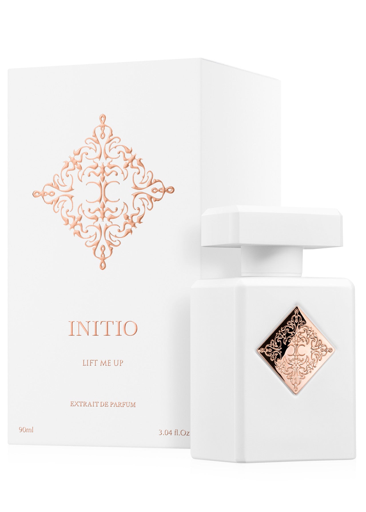 Initio Parfums Privés Lift Me Up 90ml perfume bottle standing elegantly next to its matching white and rose-gold luxury presentation box, from blue salon.