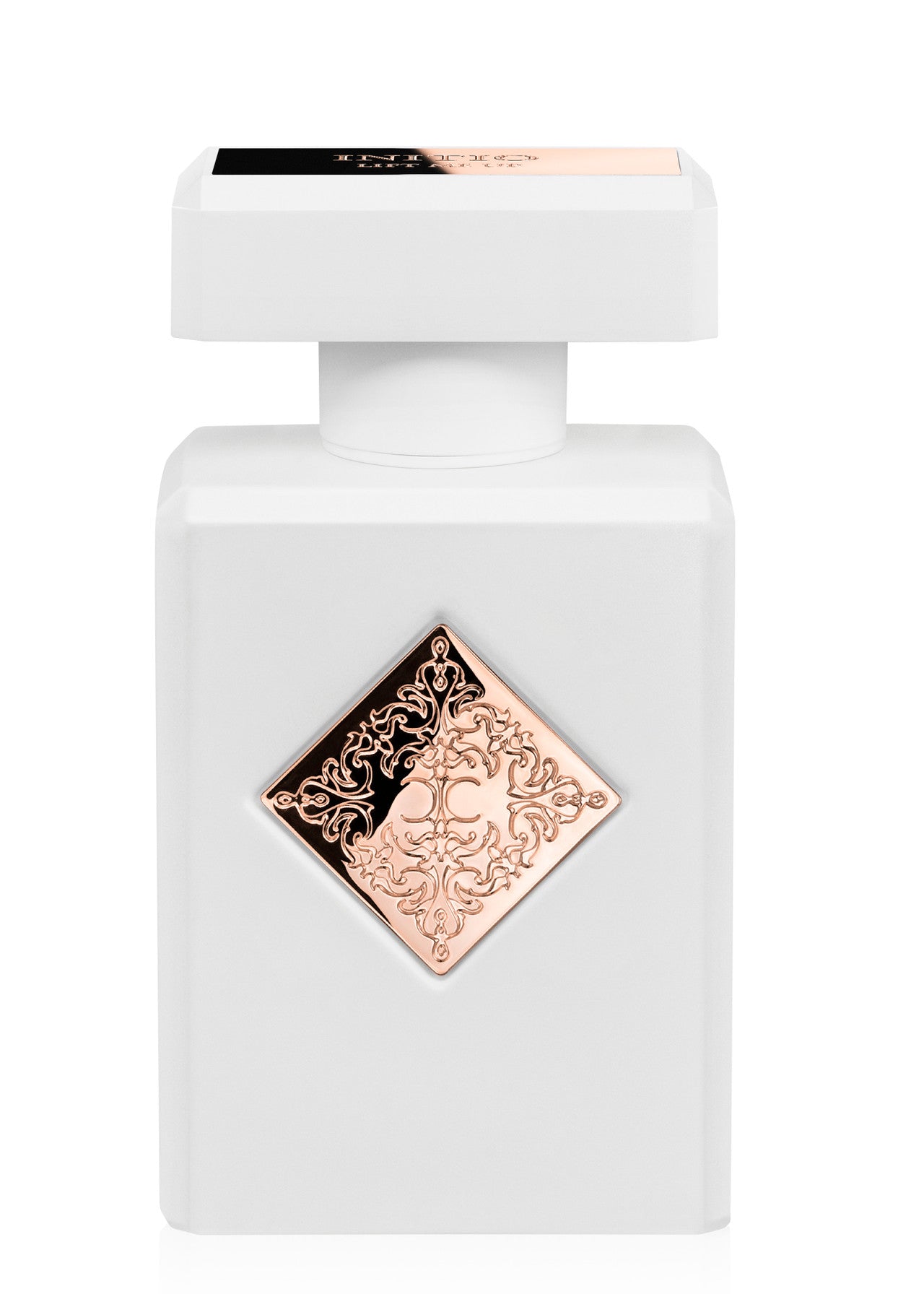 Initio Parfums Privés Lift Me Up Extrait de Parfum in its signature opaque matte white bottle, featuring an intricate rose-gold diamond emblem on the front, available at blue salon.
