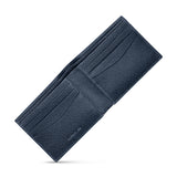 Interior look at the opened Cerruti 1881 navy blue Saffiano leather wallet, displaying the geometric card slots, fully lined currency compartment, and blind-embossed logo detail.