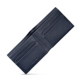 Fully opened interior view of the Cerruti 1881 navy blue leather bi-fold wallet, showing multiple angled card slots, a spacious bill compartment, and the blind-embossed inner brand emblem.