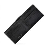 Interior look at the opened Cerruti 1881 black Saffiano leather wallet, displaying the geometric card slots, fully lined currency compartment, and blind-embossed logo detail.