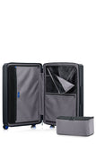  Interior view of the Samsonite Voypod Spinner large in Black, revealing the grey recycled fabric lining, height-adjustable packing straps, and dual zippered divider pads. Shop Online Today