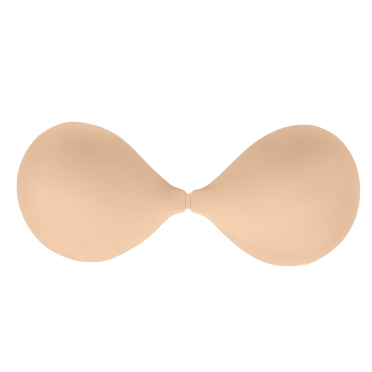 BOOMBA Invisibra in beige, a strapless and backless adhesive bra with two teardrop-shaped cups connected by a central clasp.