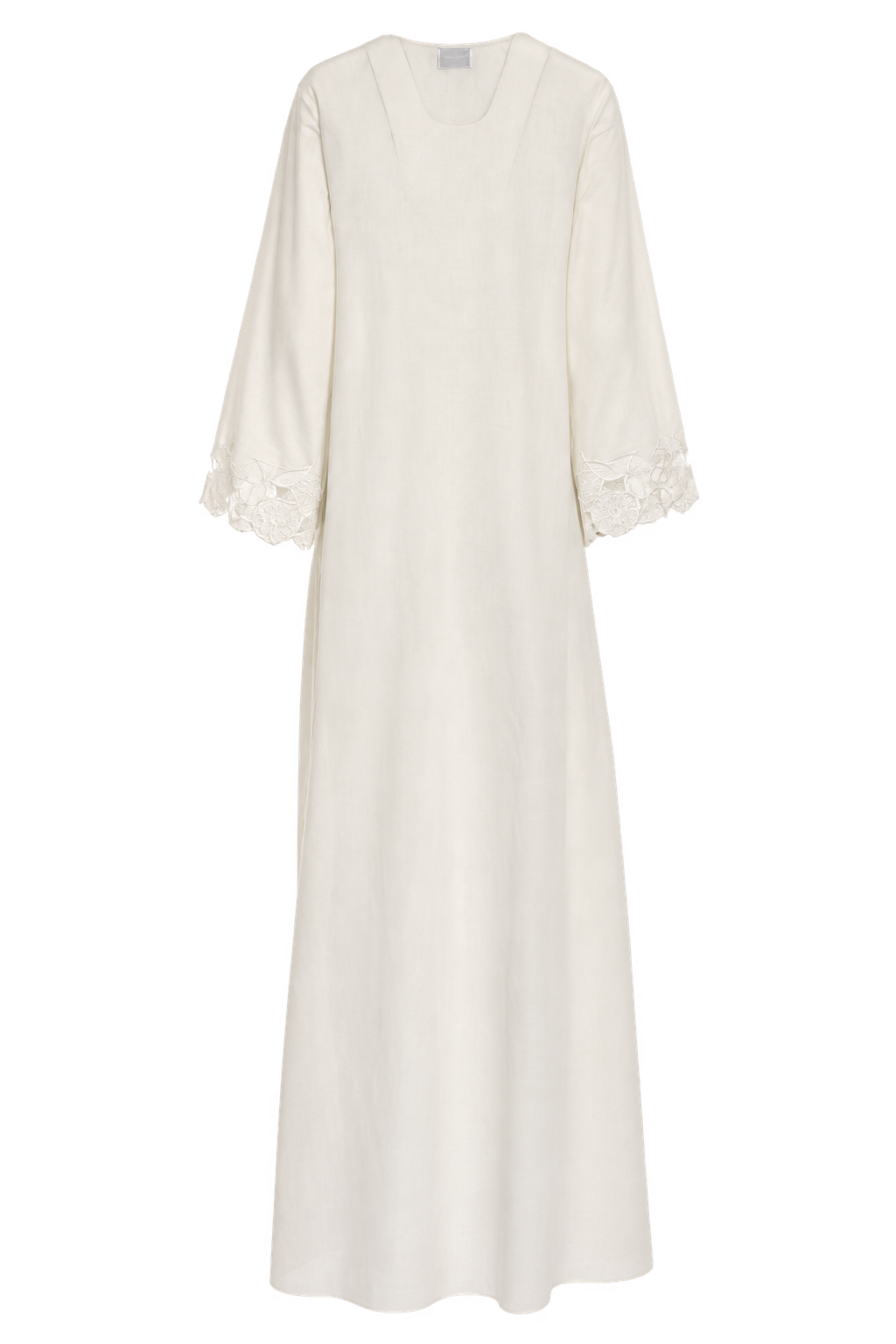 Off-white cotton abaya with a V-neckline and long sleeves featuring intricate lace embroidery at the cuffs.