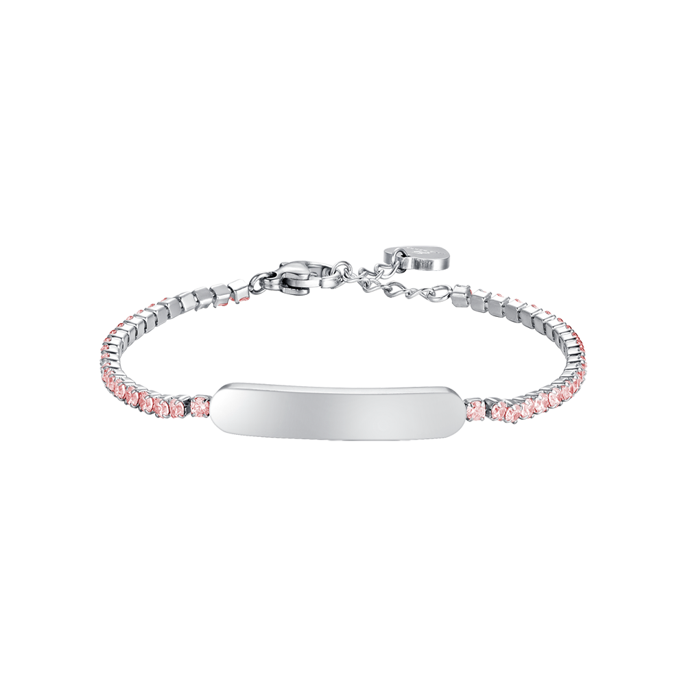 Luca Barra Girl's Tennis Bracelet In Steel with Pink Crystals And Plate | Kids and Teens | Kids and Teens Girl Accessories | Kids and Teens Girl Bracelets | Kids Girls (3 YRS -16 YRS)