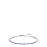 Silver-toned steel tennis bracelet featuring a continuous line of small, round, purple zircons with a lobster clasp.