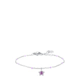 Silver-toned steel chain bracelet with light purple beads, a purple faceted star charm, and a lobster clasp.
