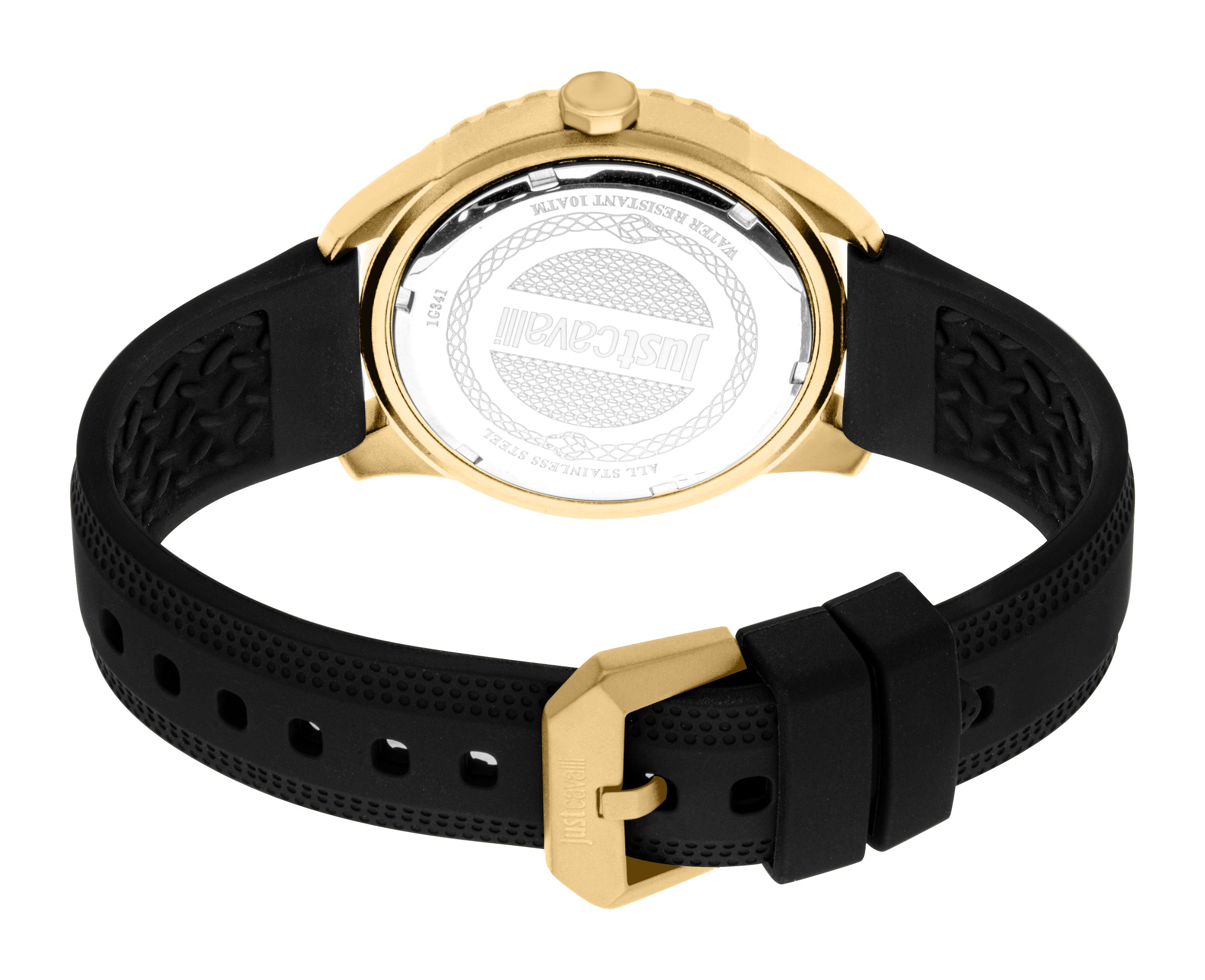 Gold-toned watch with a black textured silicone strap and gold-toned buckle. Silver-toned stainless steel case back.