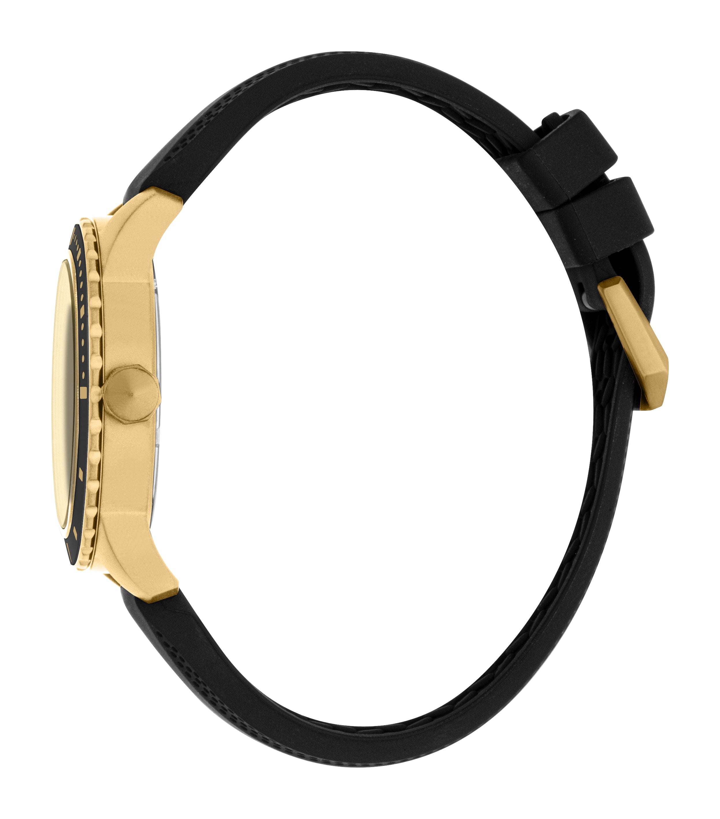 Men's watch with a gold-toned case, black dial, and black silicone strap. Features a gold-toned buckle and two black keepers.
