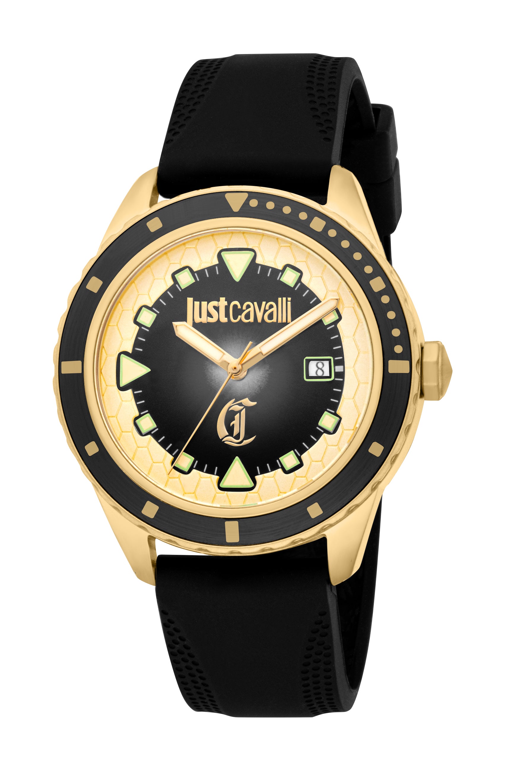 Men's watch with a gold-toned case, black dial, and black silicone strap. Features a black rotating bezel and luminous marker