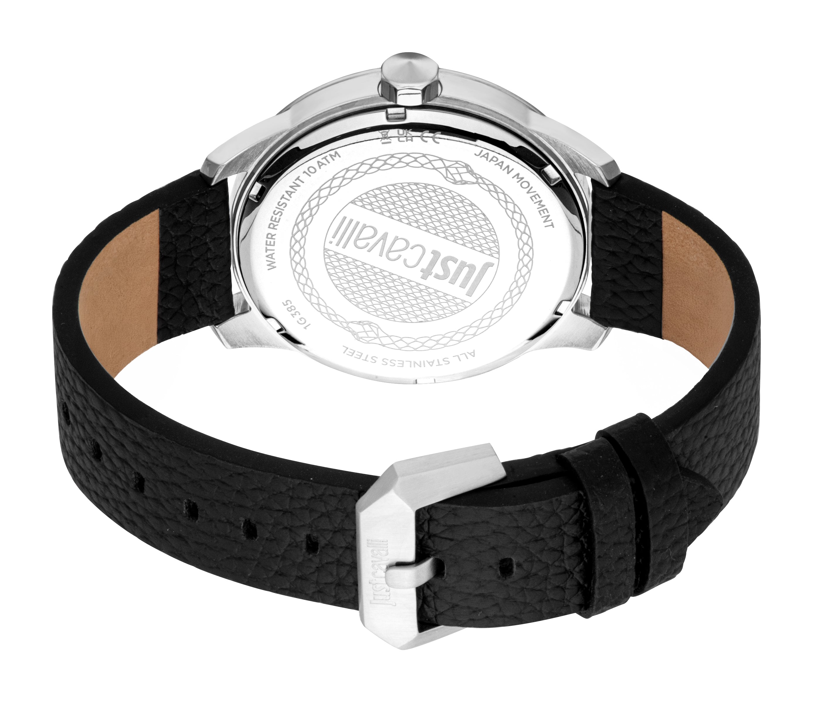 Men's watch with a silver-toned case back engraved with a logo and text, a black textured leather strap, and a silver-toned b