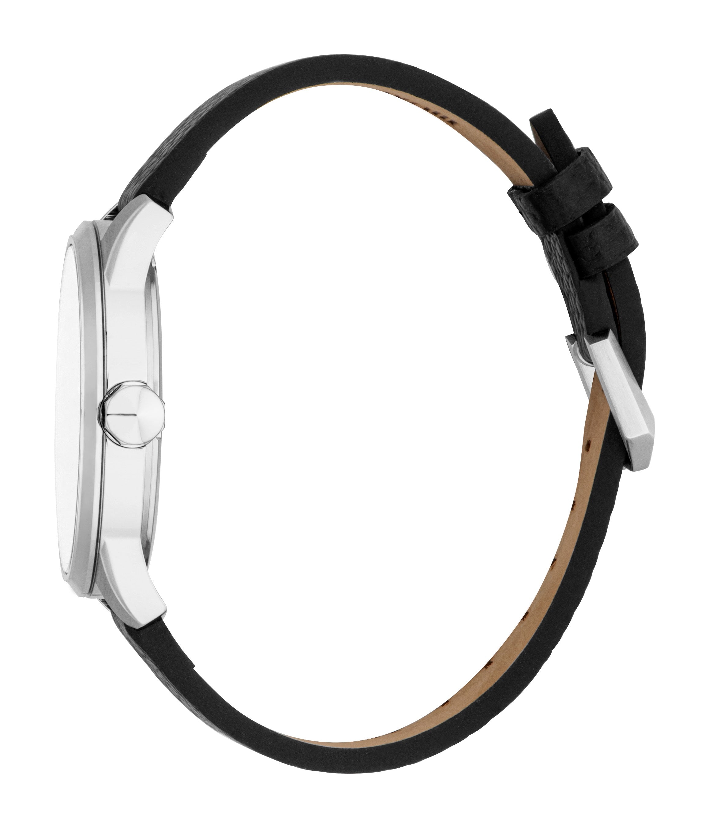 Side view of a watch with a silver-toned case, crown, and buckle. It has a black leather strap with a tan underside and two b