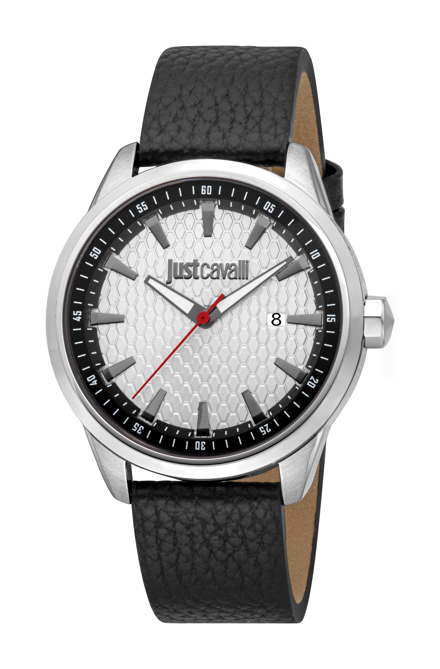 Men's watch with silver-coloured case, silver honeycomb-patterned dial, and black leather strap.