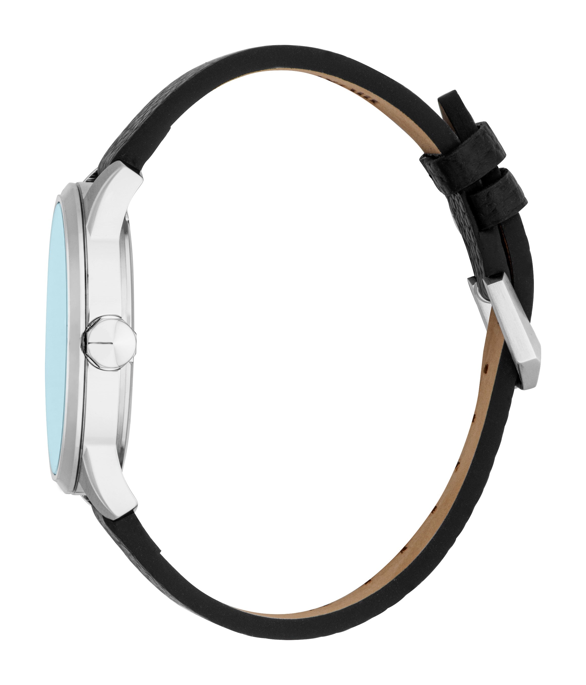 Men's watch with a round silver-toned case, light blue dial, and black leather strap with a silver-toned buckle.