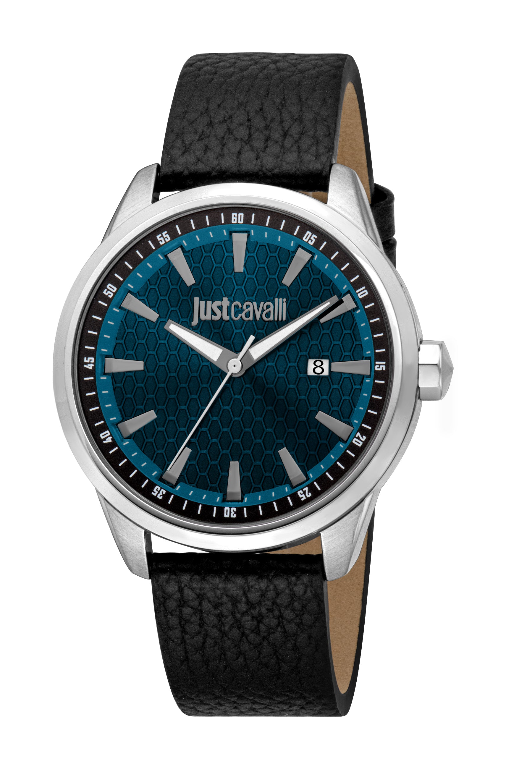 Just Cavalli men's watch with a silver-toned case, black pebbled strap, and a blue dial with a hexagonal pattern.