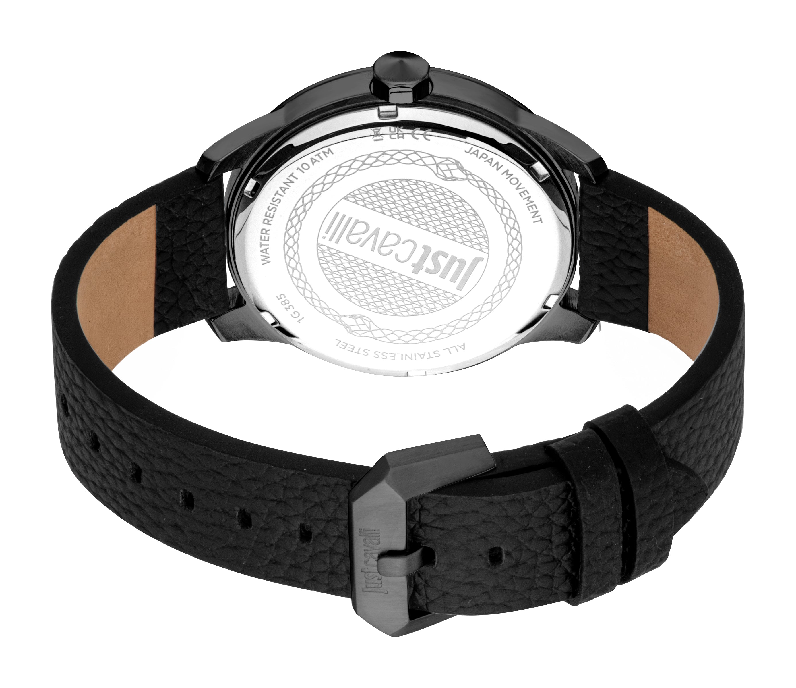 Black watch with a black-toned case, silver-toned back, and black textured leather strap with a black-toned buckle.