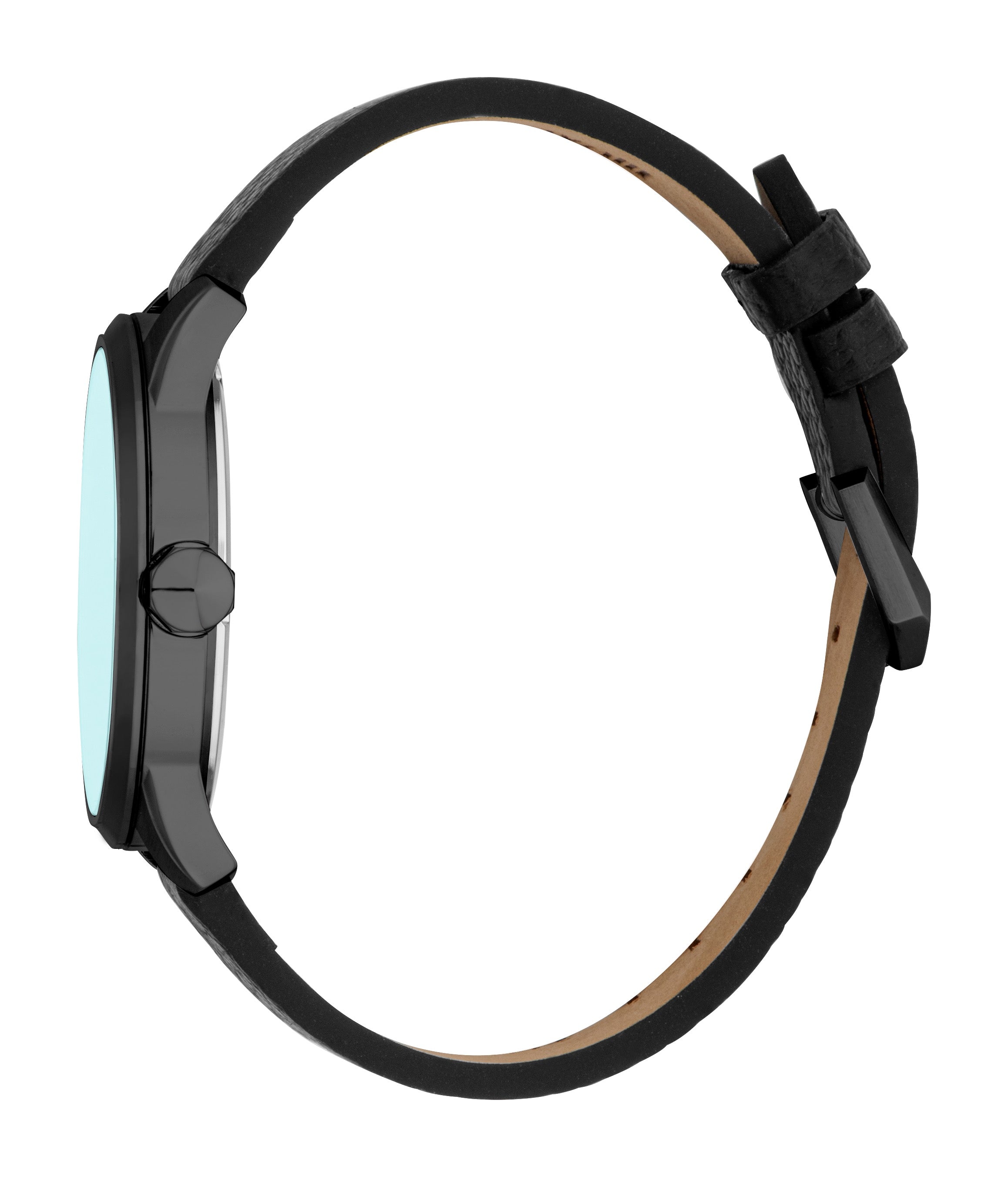 Men's watch with a black case, turquoise dial, and black leather strap with a black buckle and loops. The strap's underside i