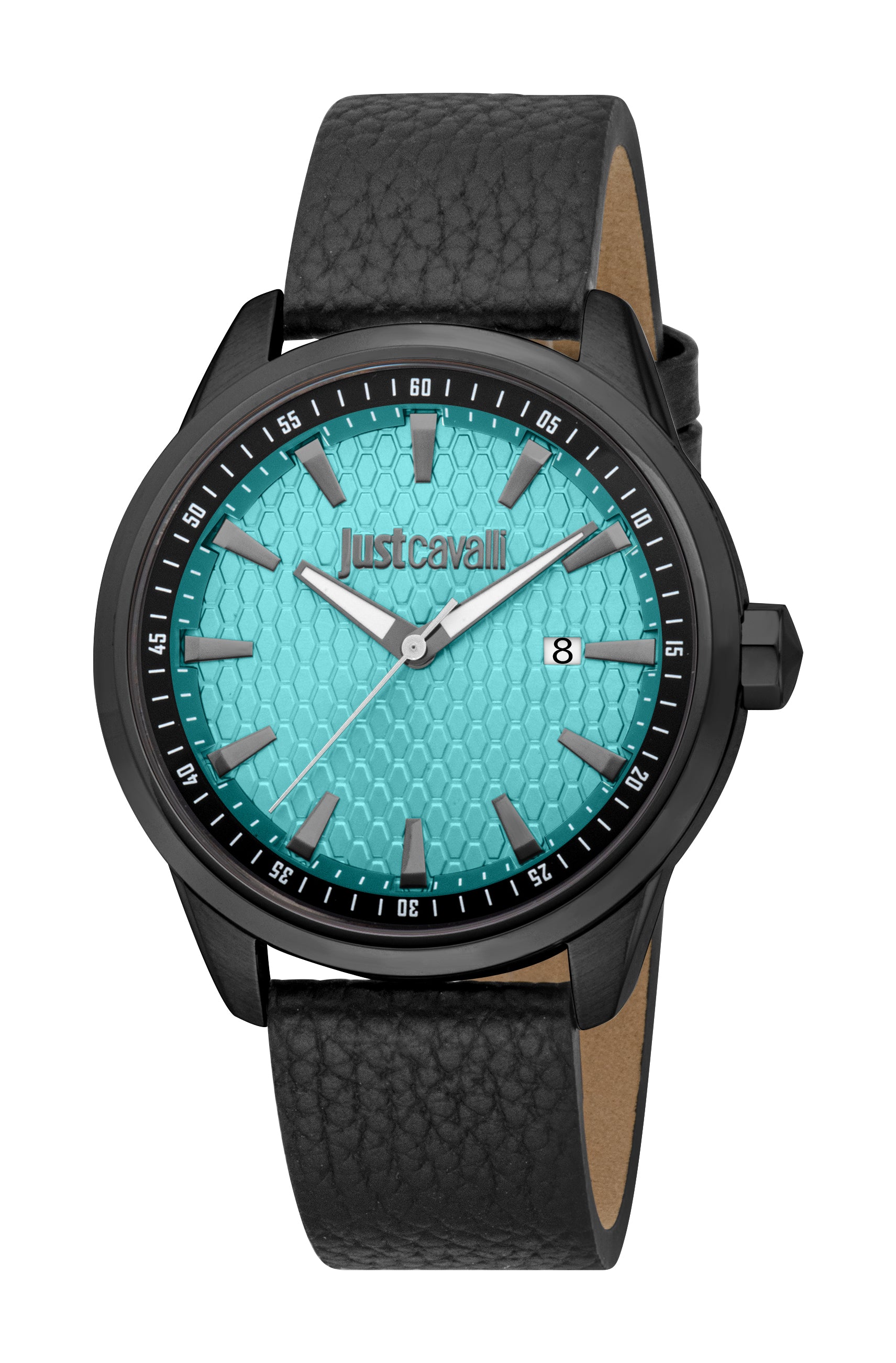 Men's Just Cavalli watch with a black case, turquoise hexagonal dial, silver-toned markers, and a black pebbled leather strap