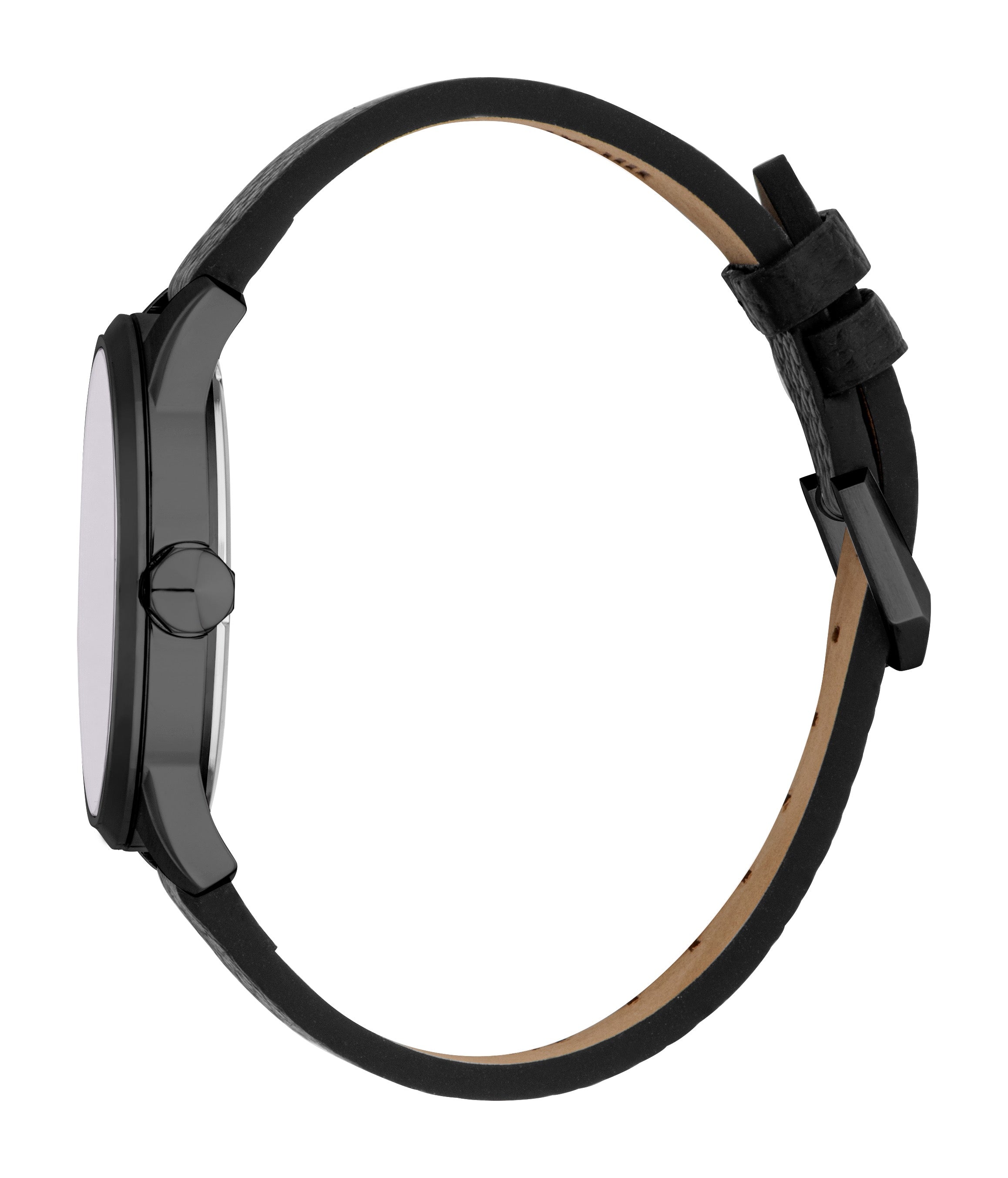 Black-toned watch with a black leather strap, tan underside, black-toned buckle, and two keepers. Light watch face.