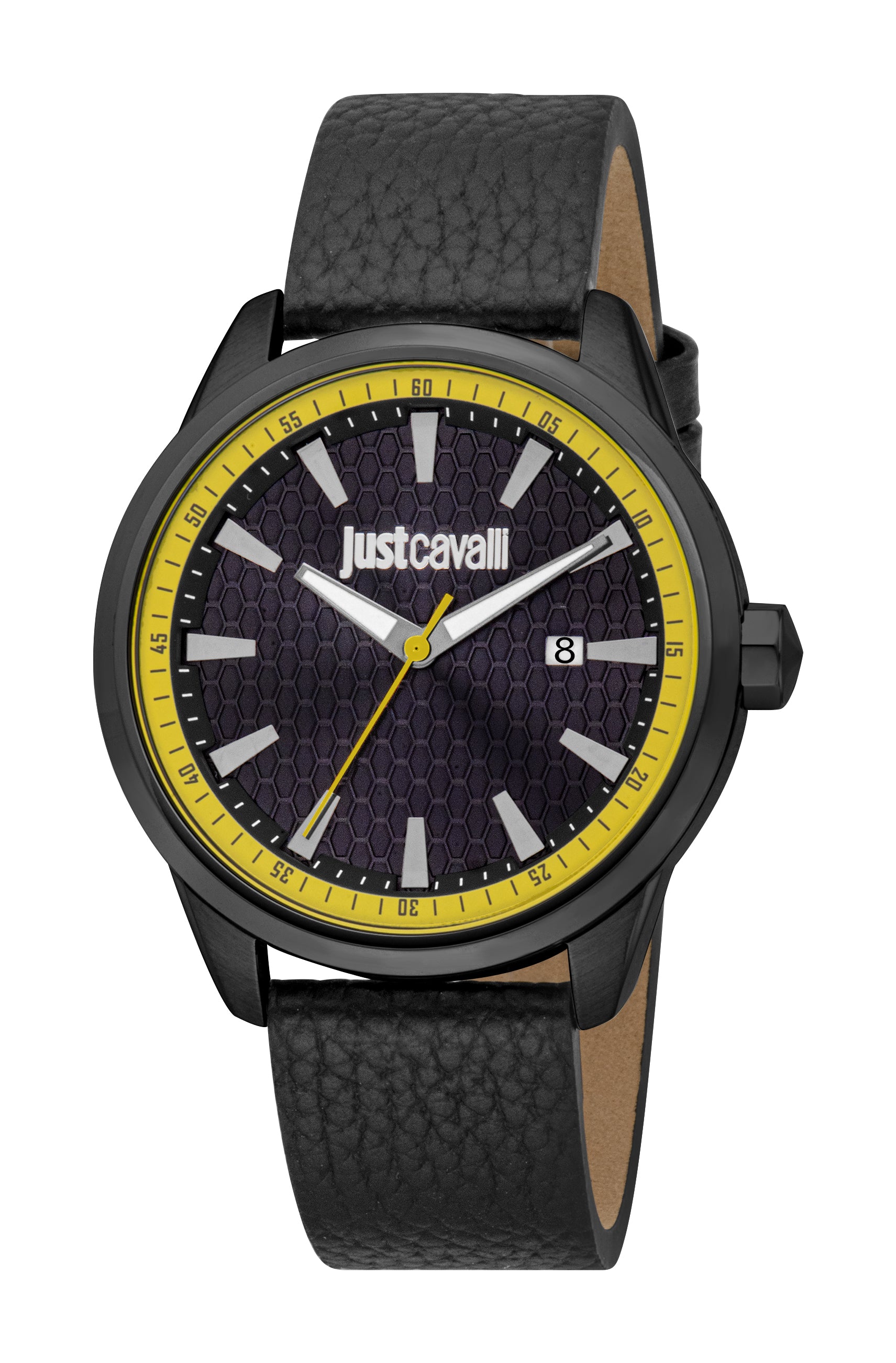 Men's round watch with a black case, black honeycomb-textured dial, yellow inner bezel, and black pebbled leather strap.