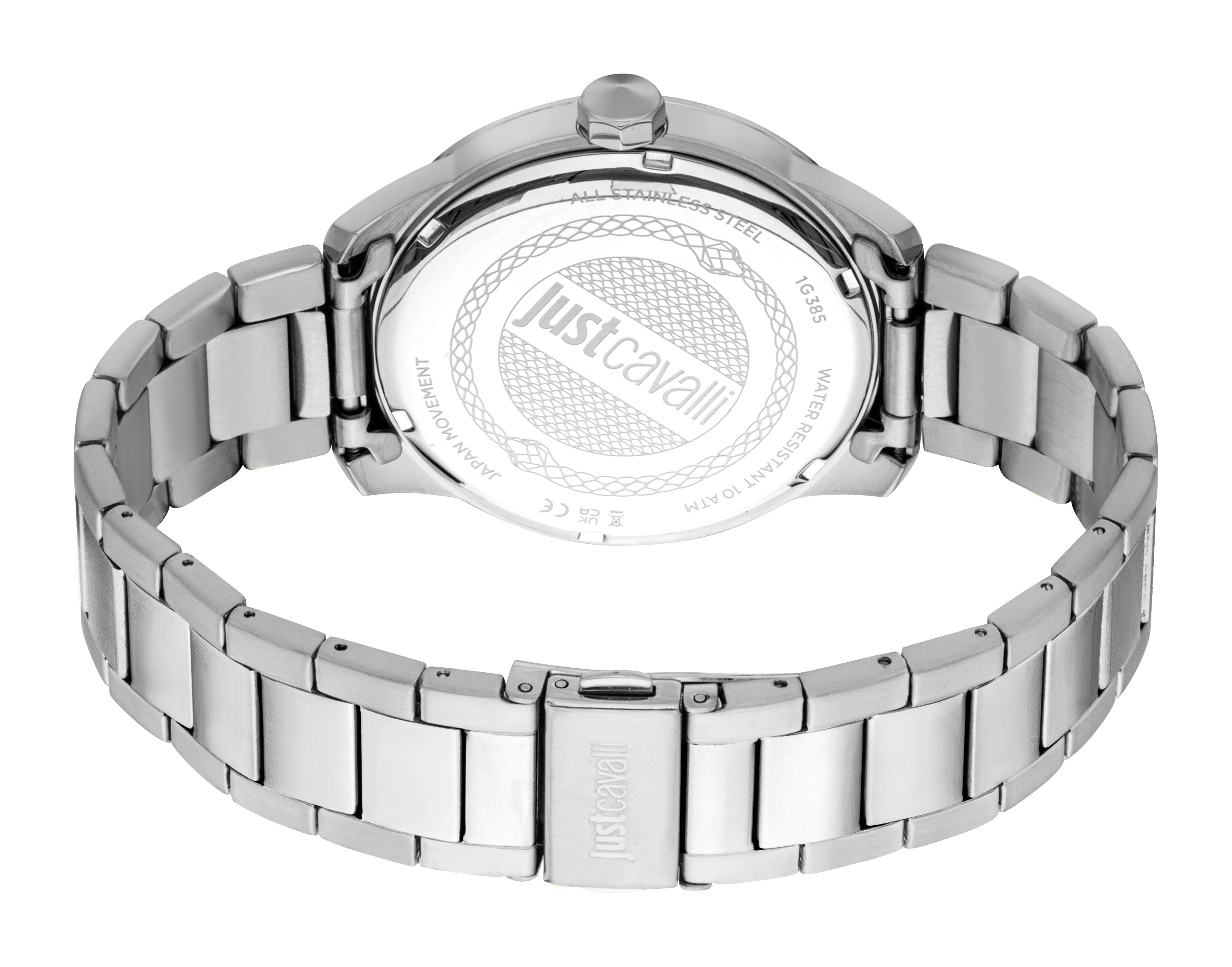 Silver-toned stainless steel watch with a link bracelet. Case back shows "Justcavalli" logo, snake pattern, and text.