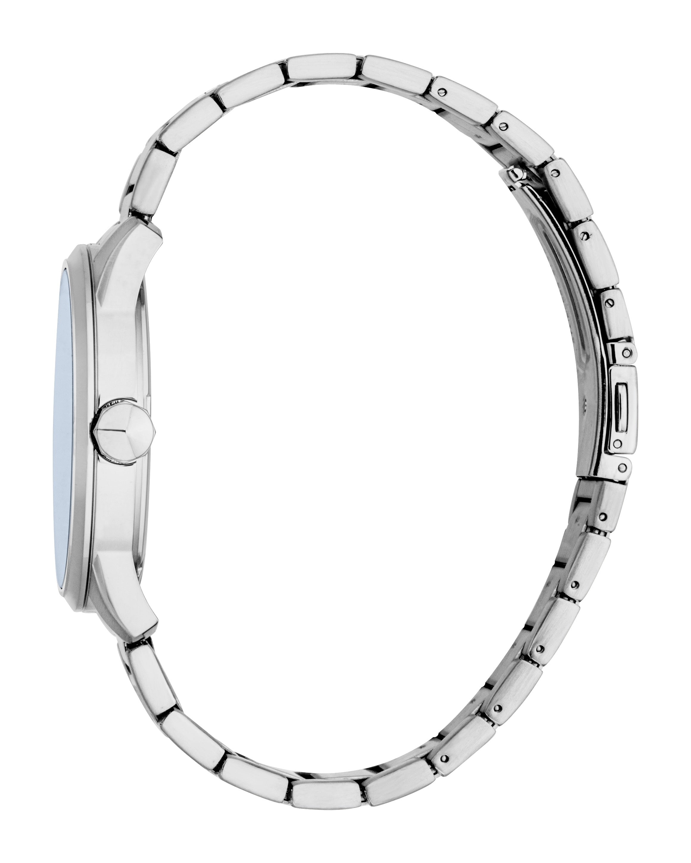 Silver-toned watch with a blue dial and a link bracelet. A crown is visible on the side of the case.