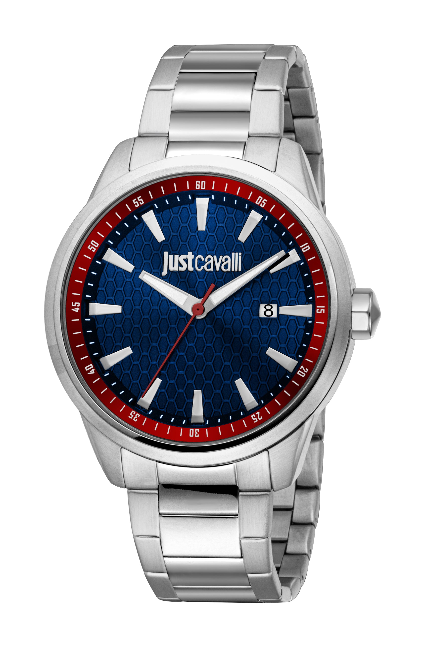 Just Cavalli men's watch with a silver-toned metal link bracelet, silver-toned case, and a blue dial with a red outer ring.