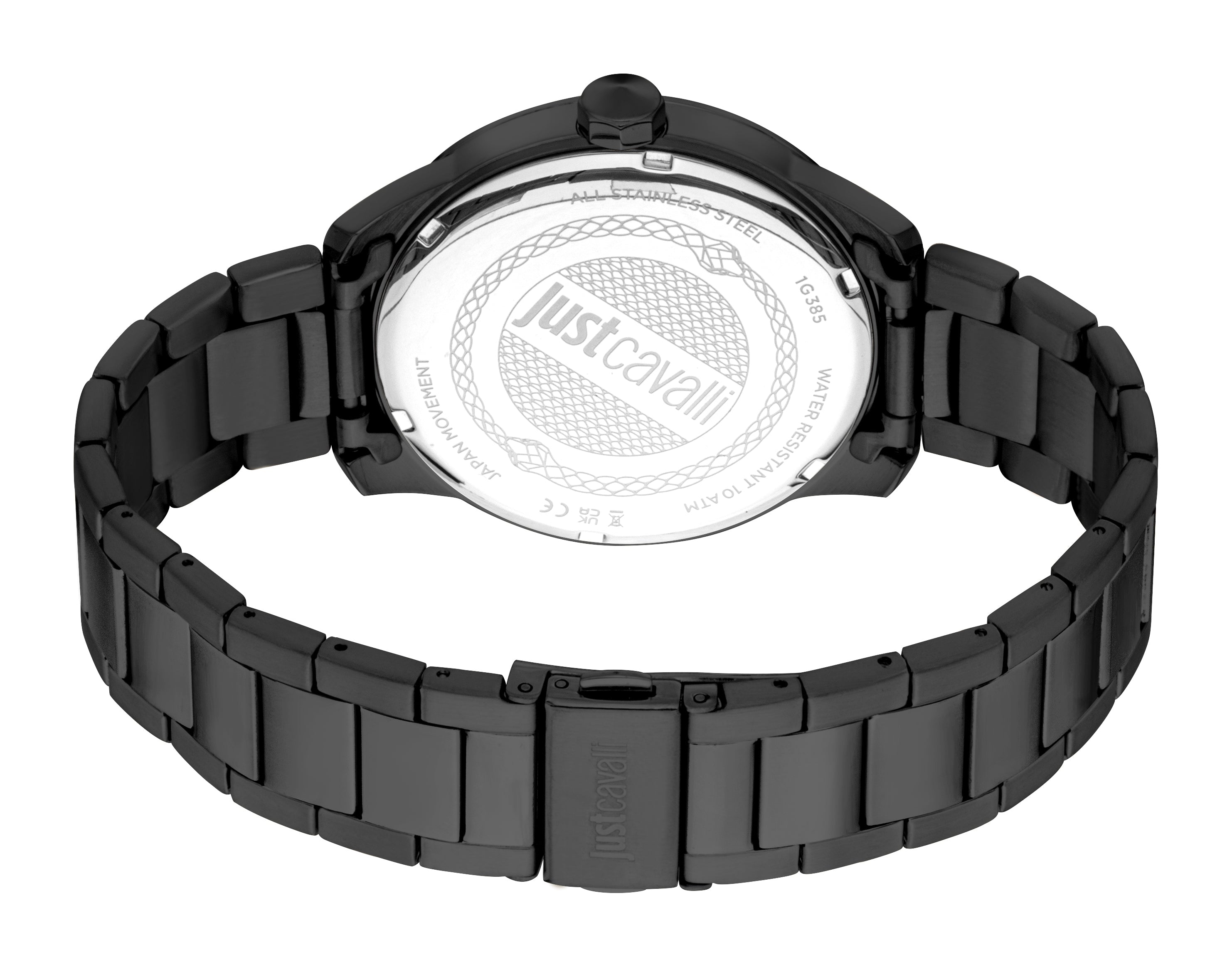 Back of a black metal watch. Round black case, silver-toned case back with Justcavalli logo, and a black metal link bracelet