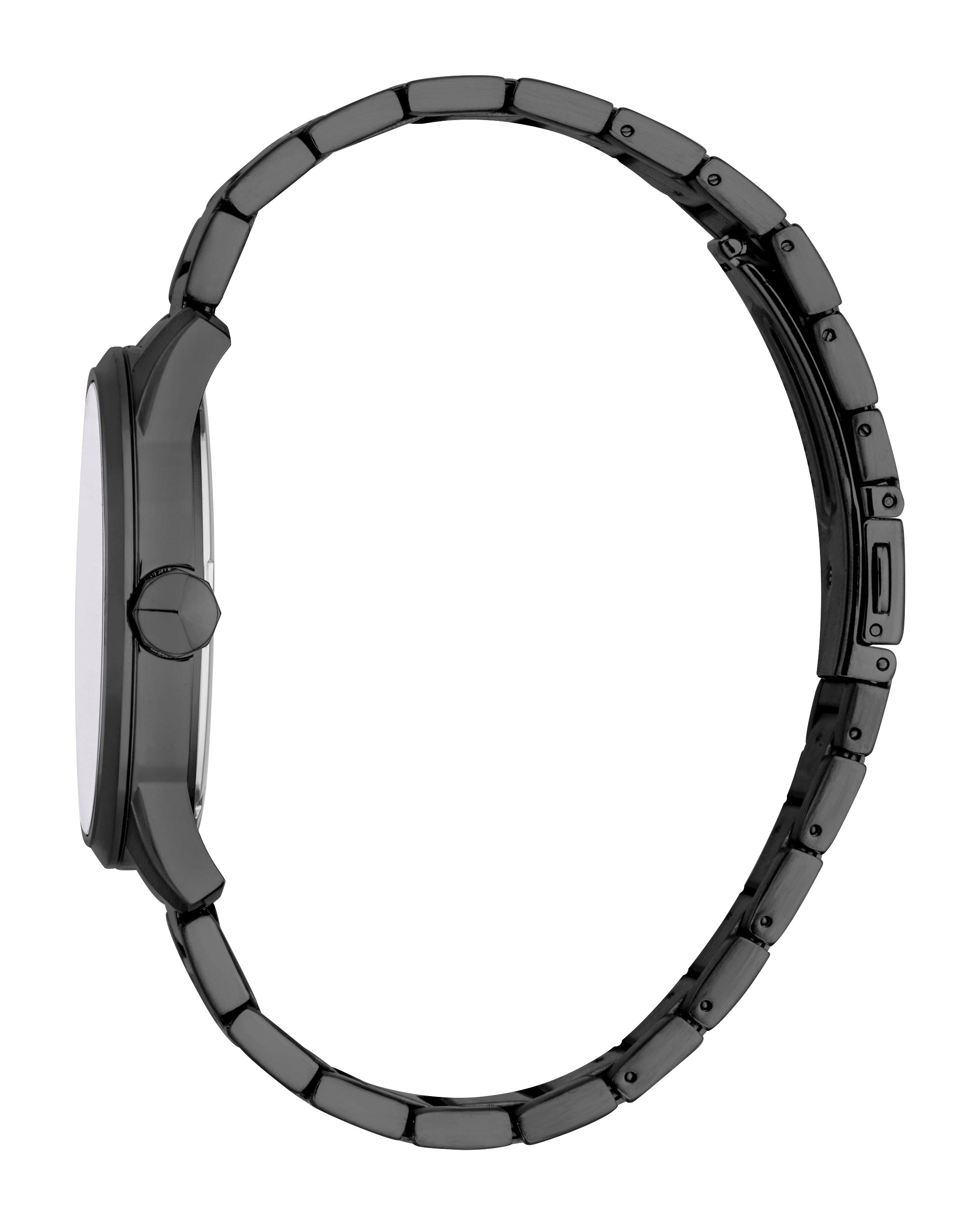 Black men's watch with a round case, black dial, and black metal link bracelet. Features a crown and a clasp.