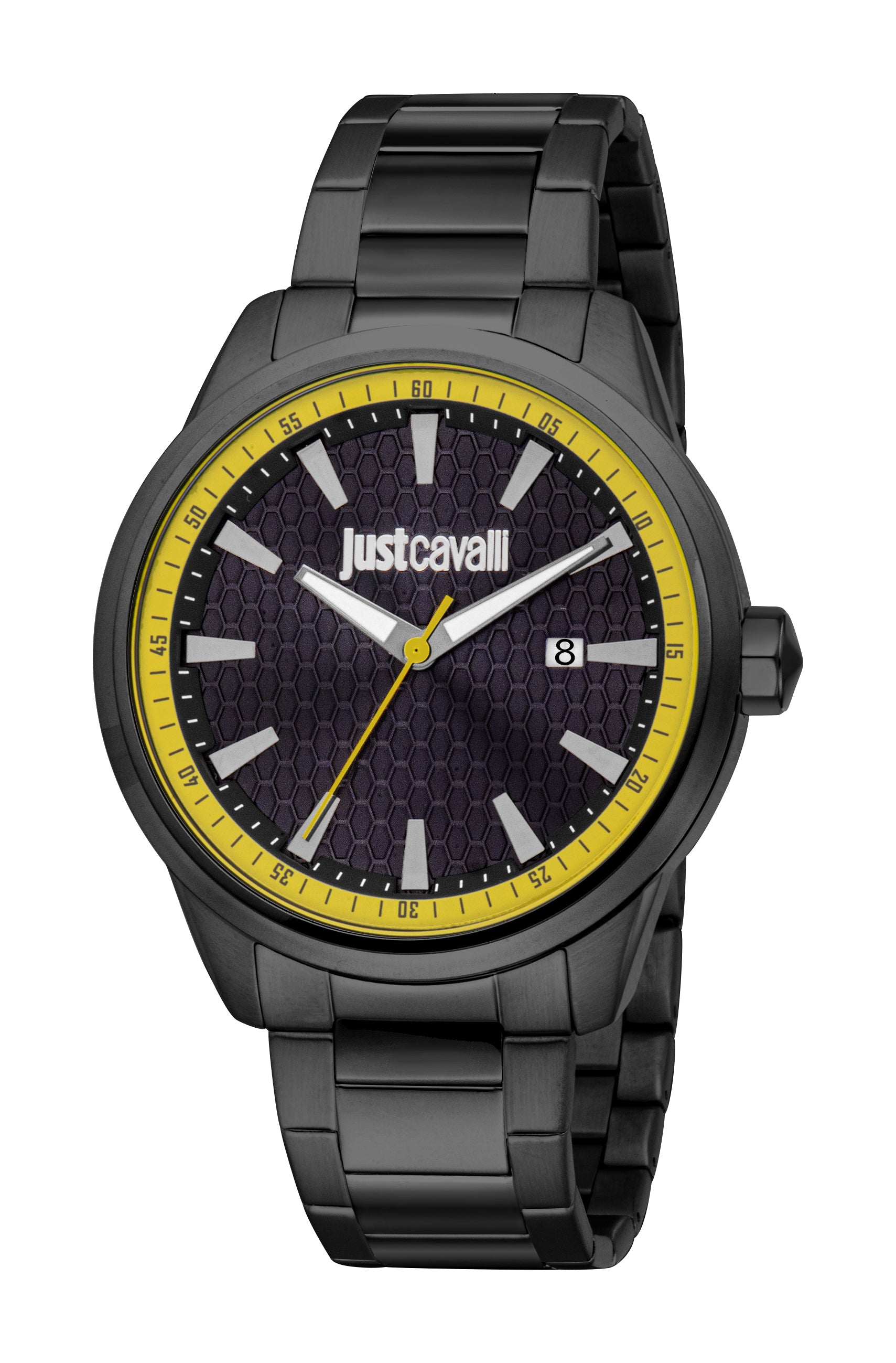 Men's black Just Cavalli watch with a round case, black honeycomb dial, yellow chapter ring, and black metal link bracelet.