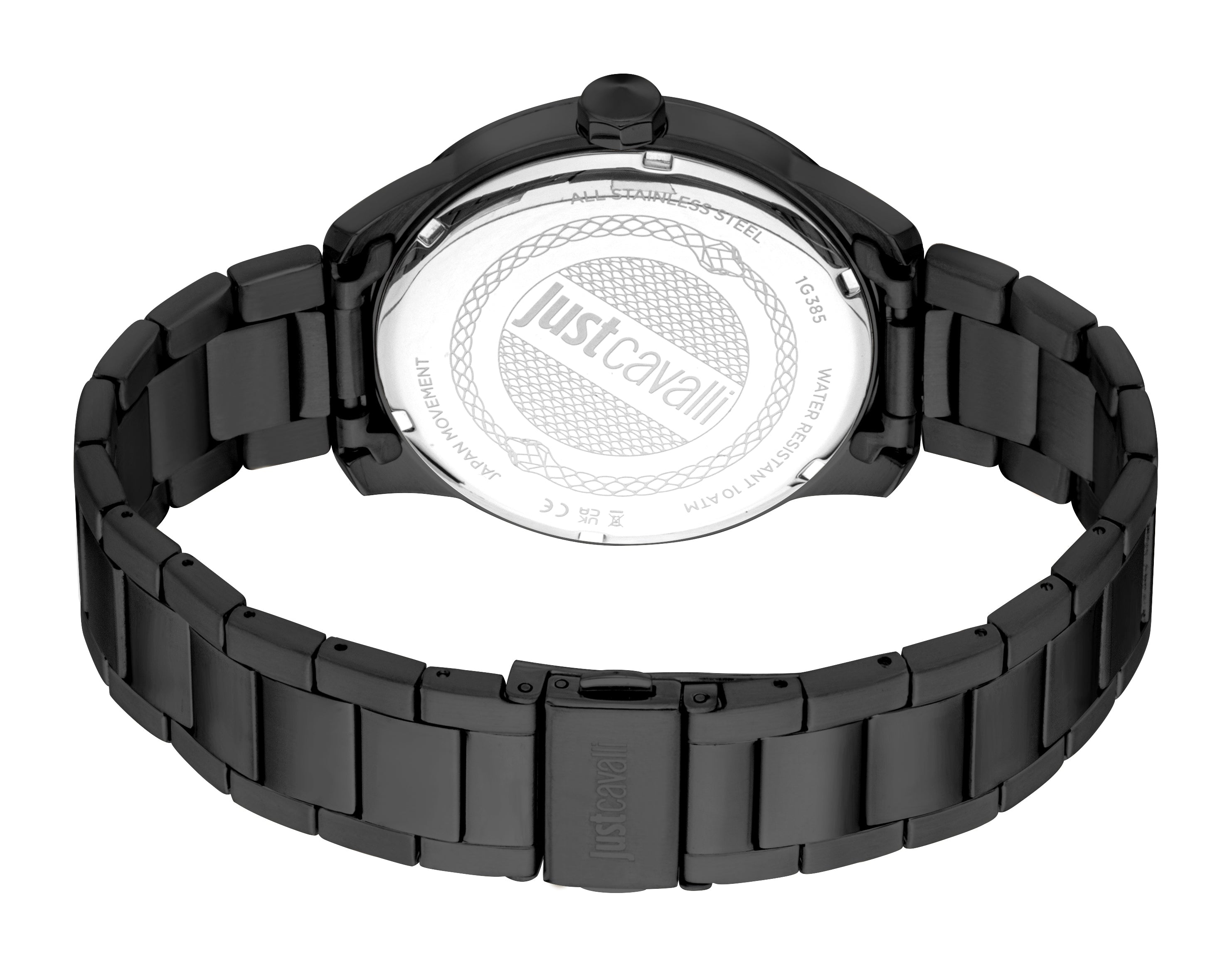 Black metal watch with a black case and a black link bracelet. The silver-toned case back has the Justcavalli logo and text.