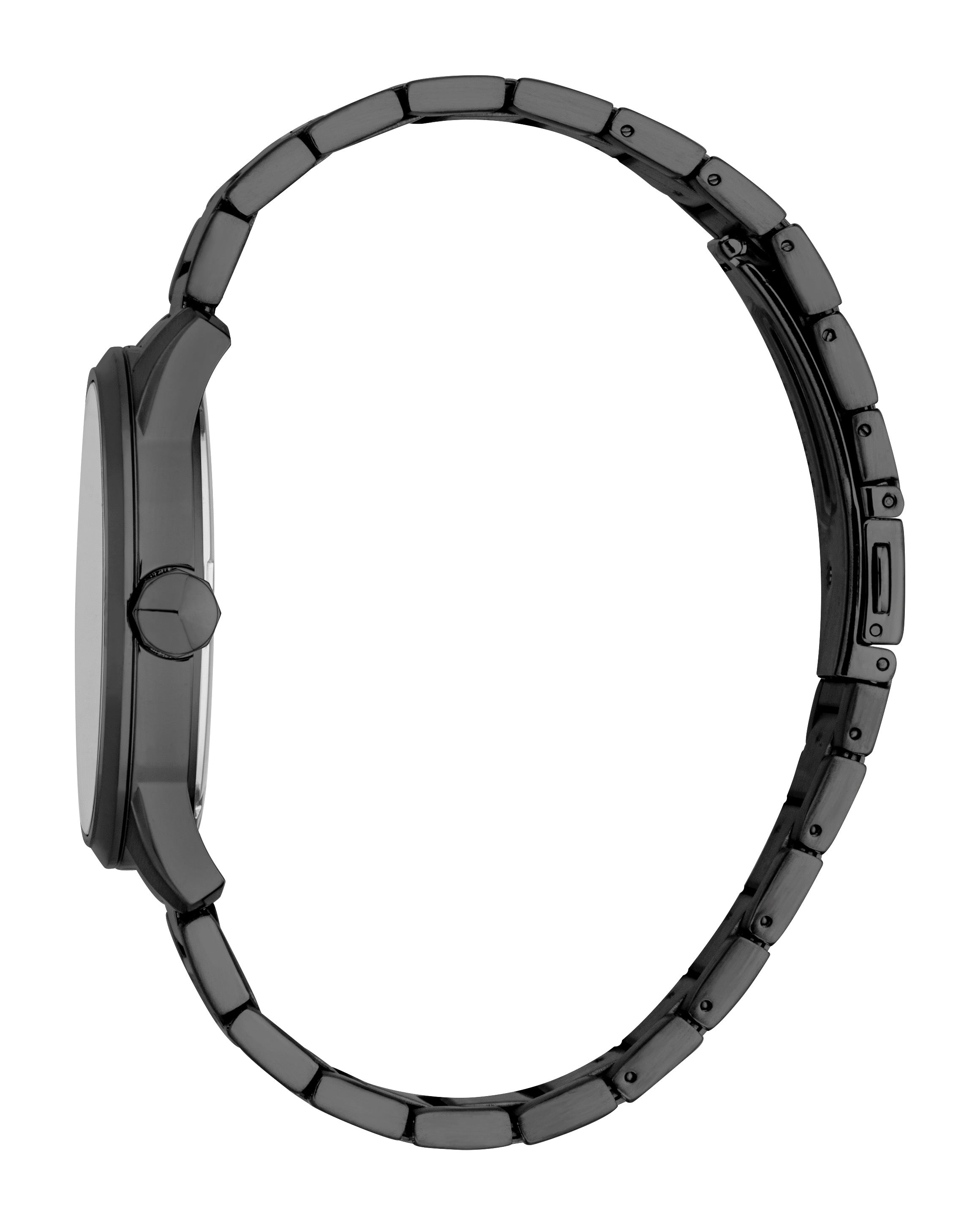 Men's black metal watch with a round case, black crown, and a black metal link bracelet.