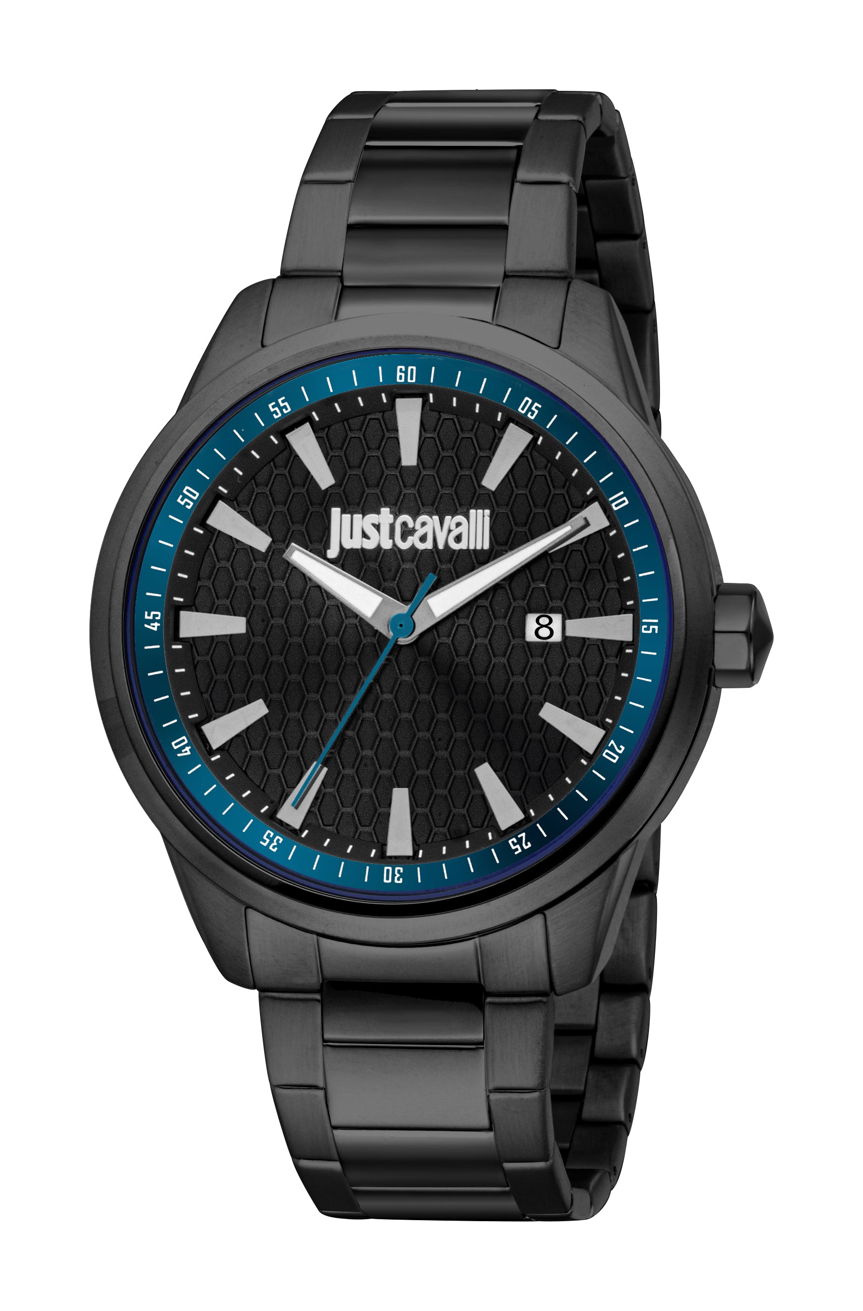 Men's Just Cavalli watch with a black metal case and bracelet, black dial with a honeycomb pattern, and blue accents.
