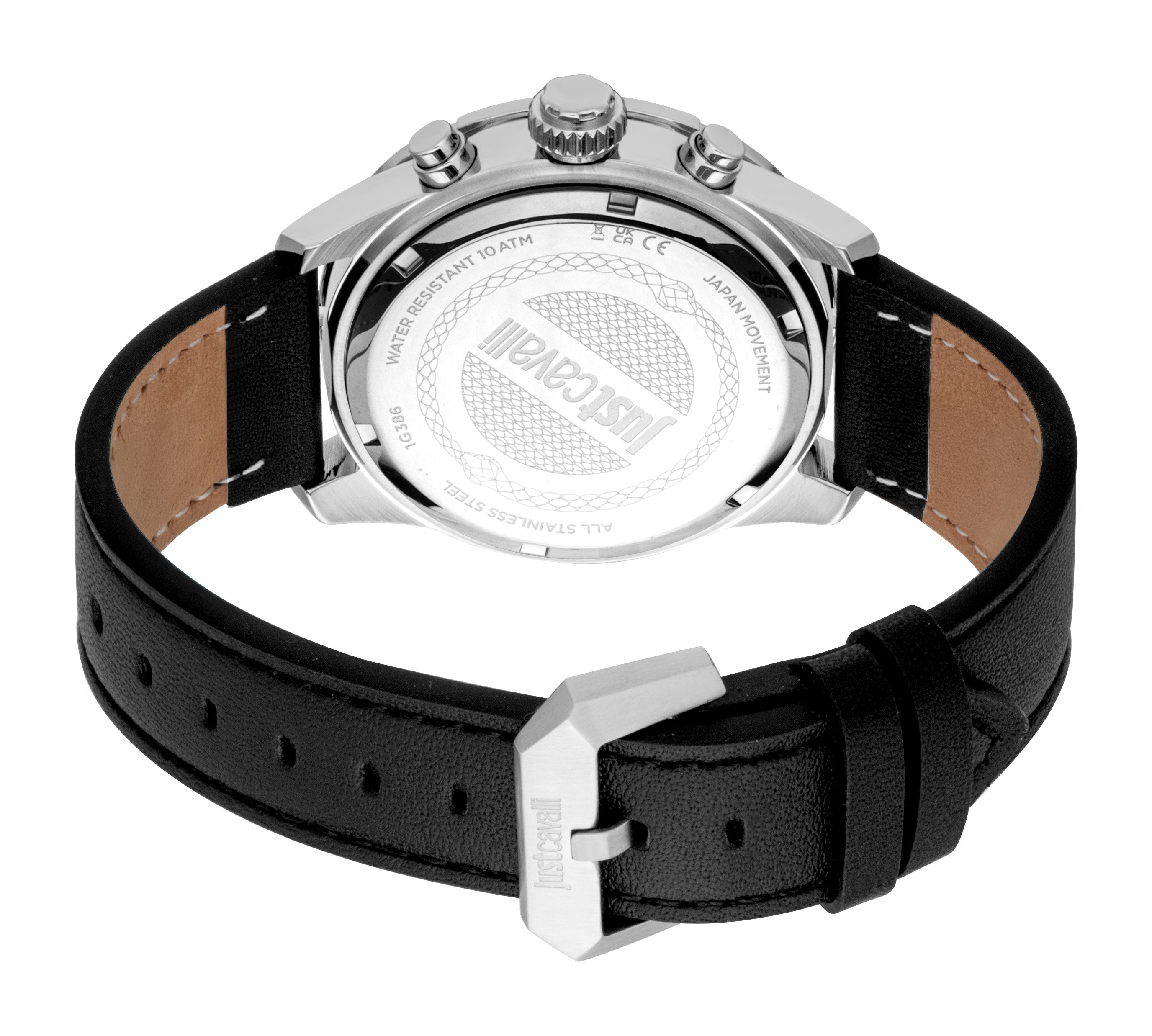 Men's watch with silver-toned case back, three pushers, and a black leather strap with a tan interior and silver-toned buckle