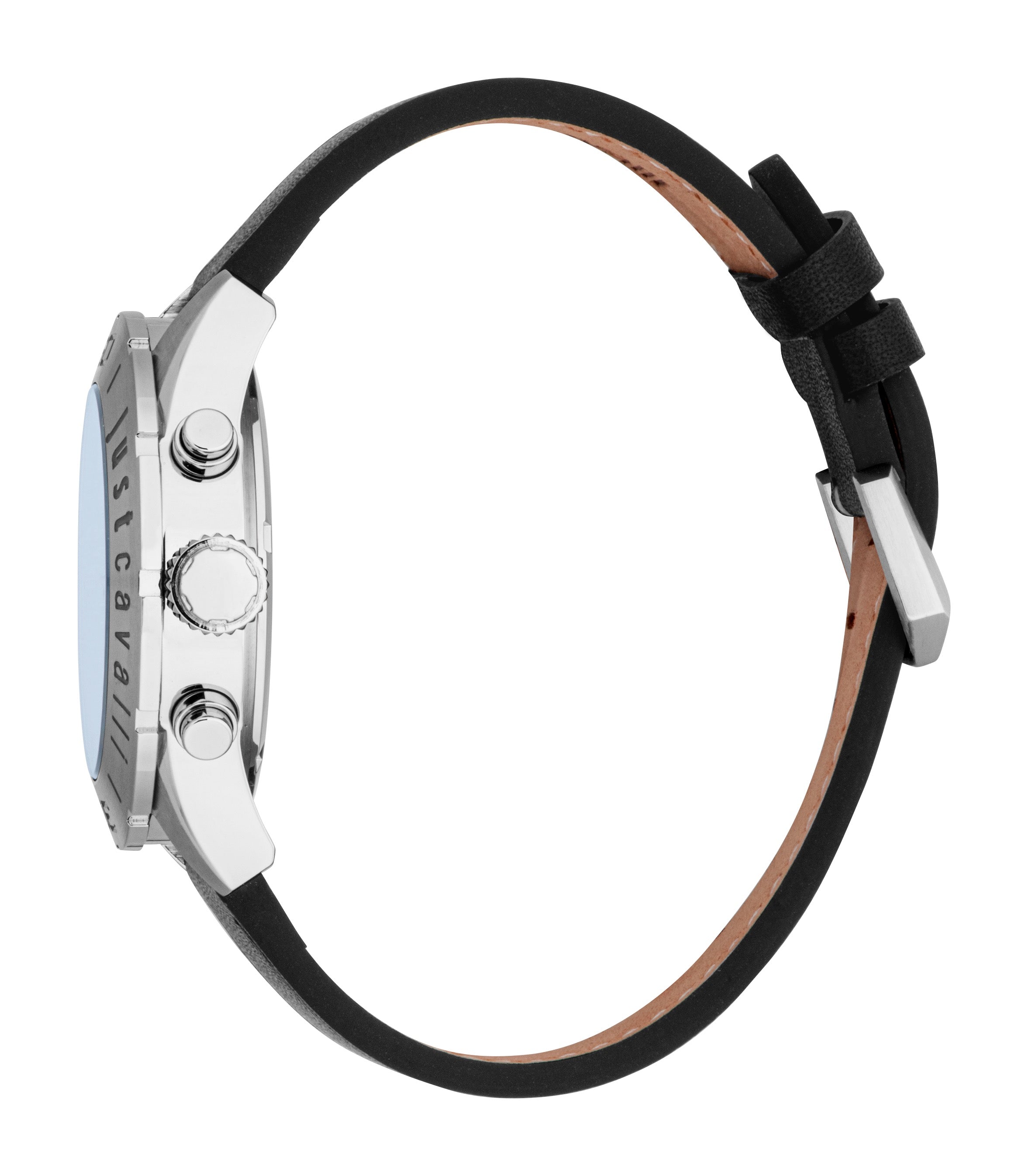 Men's watch with a silver-toned case, light blue dial, black leather strap, and three side crowns. Bezel reads 'Just Cavalli'