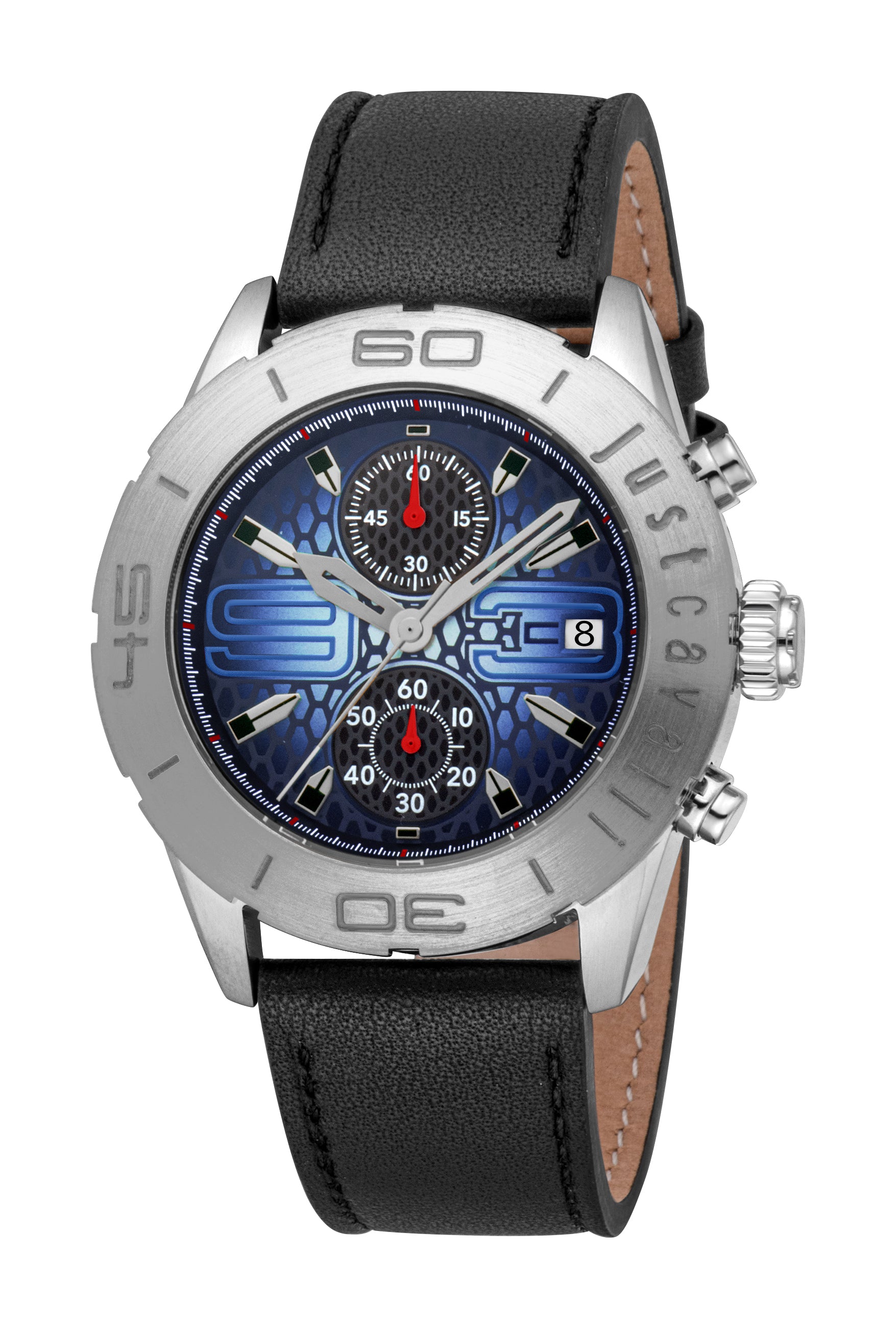 Men's Just Cavalli watch with silver-coloured case, dark blue textured dial, and black leather strap with brown underside.