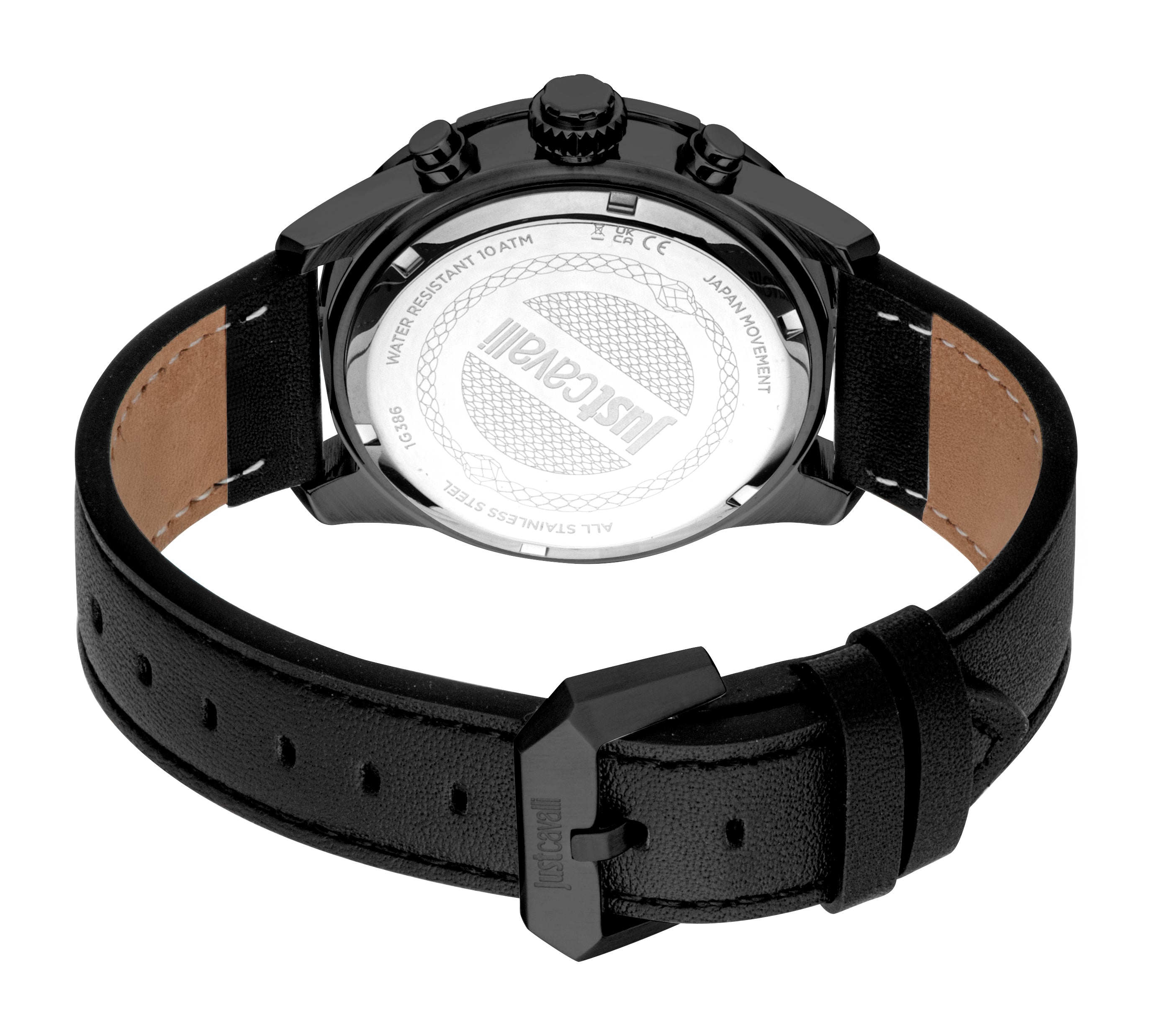 Black watch with a black leather strap, showing the silver-toned case back with engraved text. The black buckle is engraved w