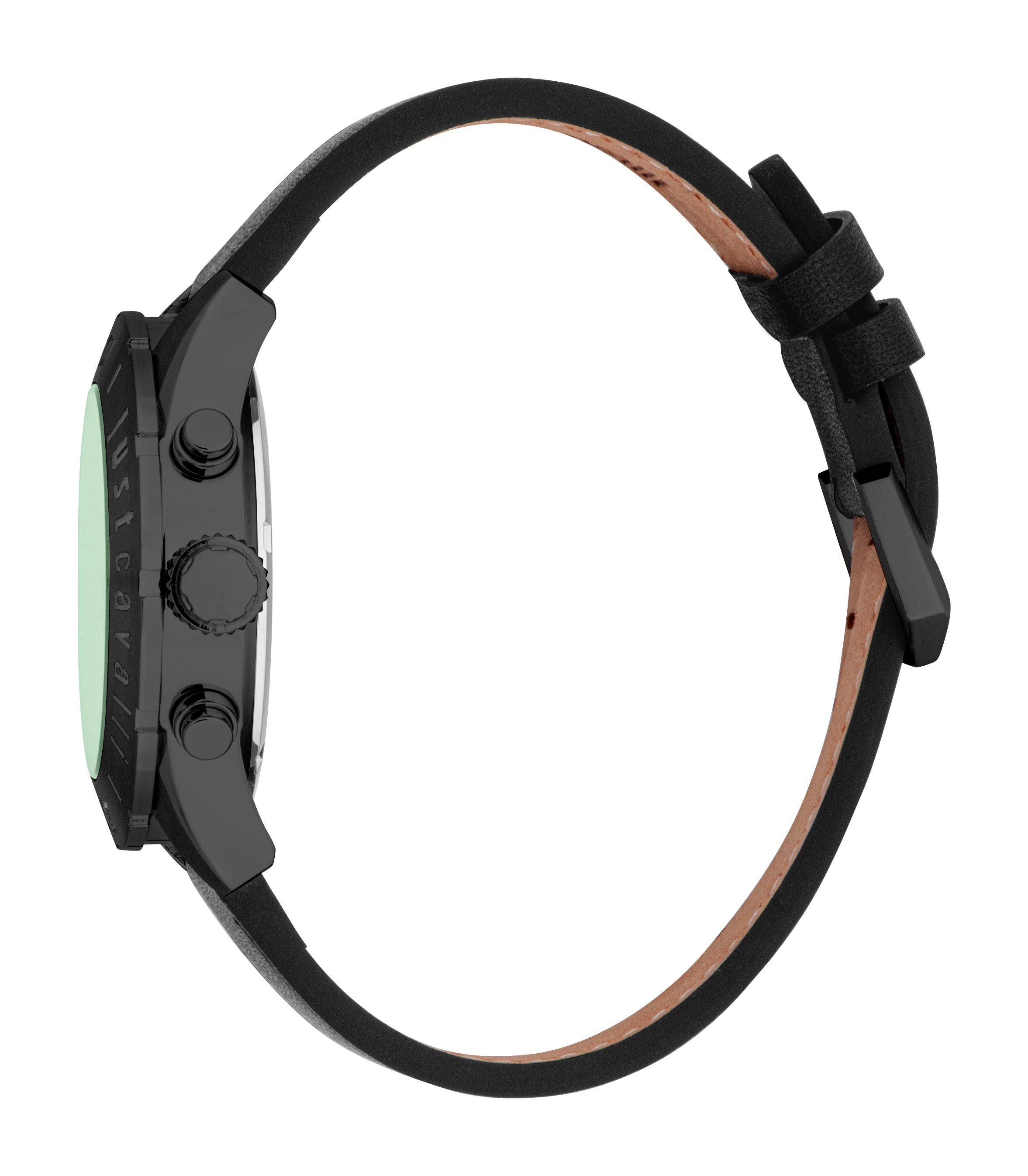 Men's watch with a black case, dark green dial with "Just Cavalli" text, and a black leather strap with a black buckle.