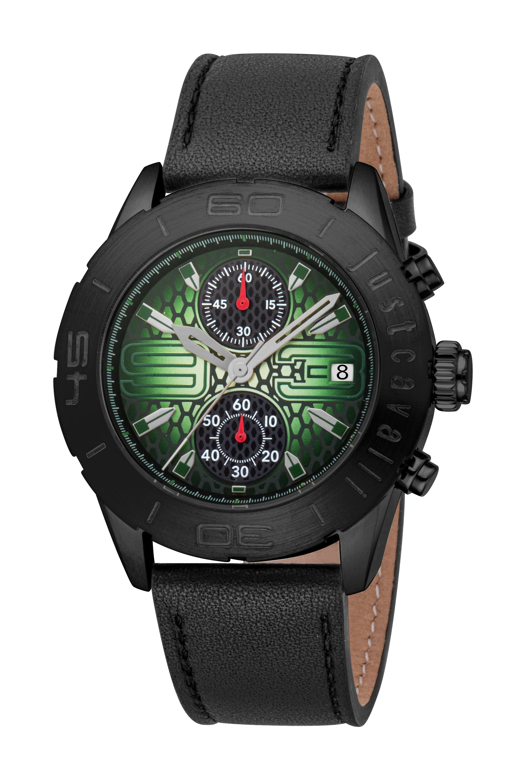 Men's watch with a black case, dark green patterned dial, silver-toned hands, and a black leather strap.