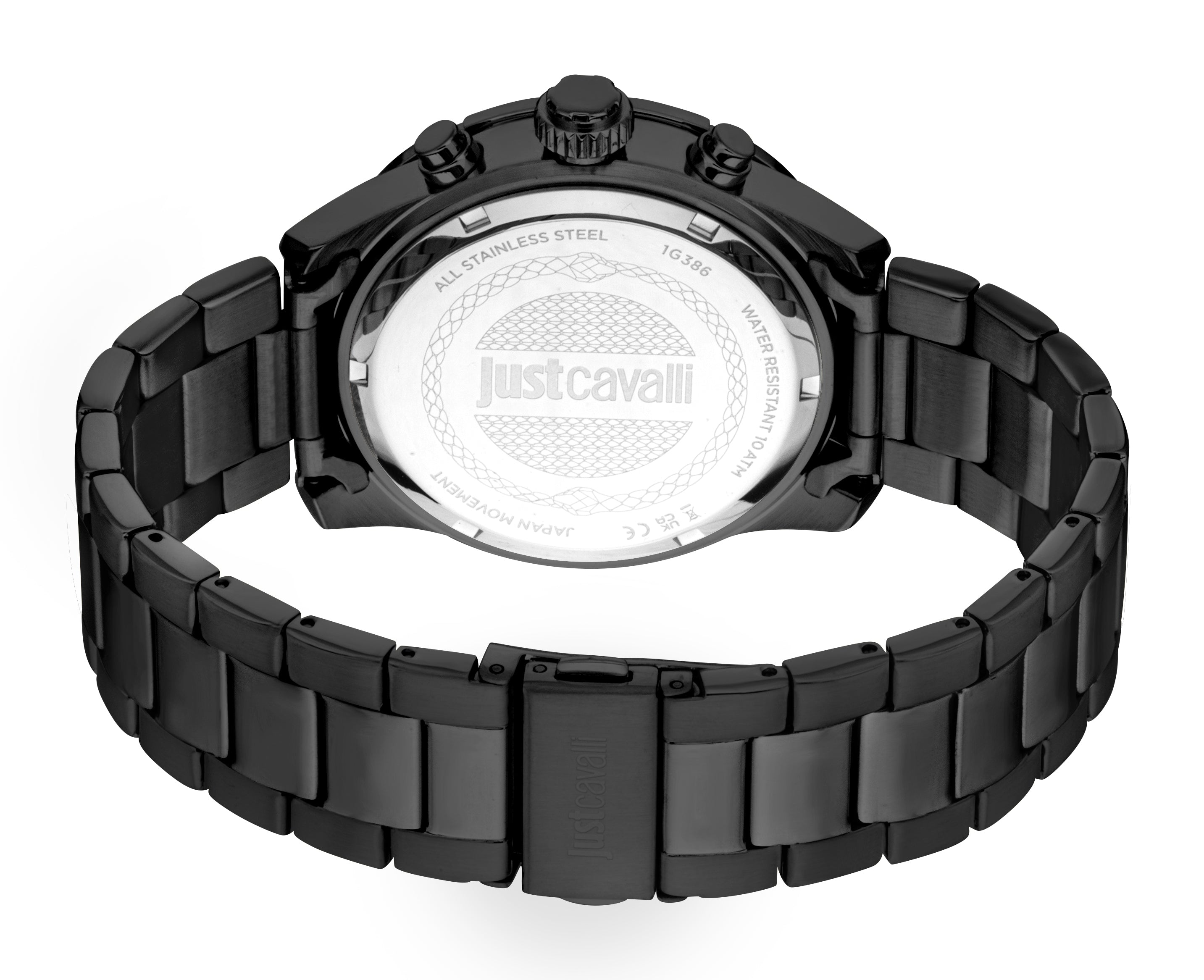 Black watch with a black metal link bracelet. The black case has a silver-toned backplate engraved with 'Justcavalli'.