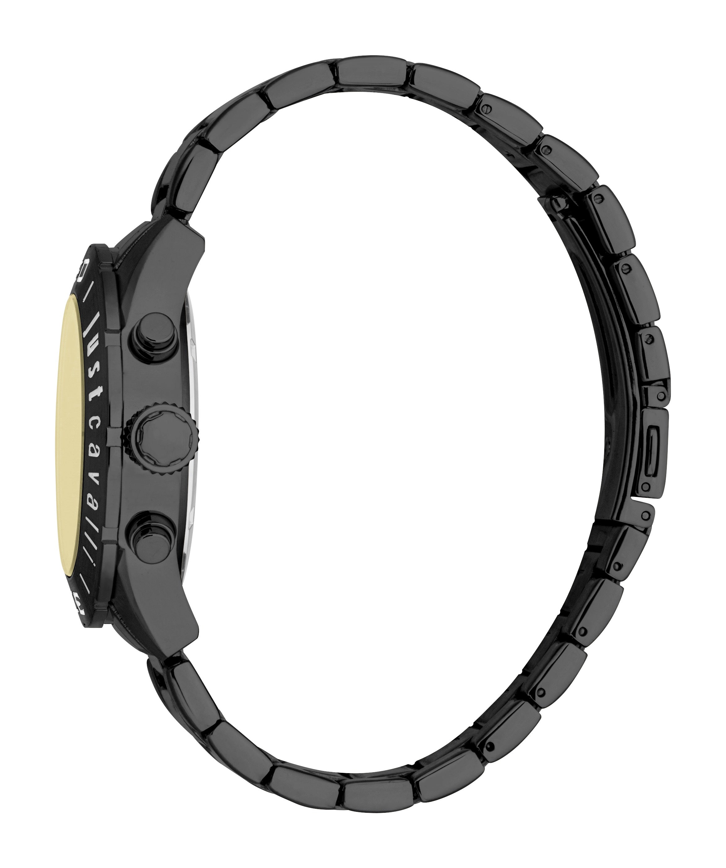 Men's black watch with a yellow-toned dial, black case, and black metal link bracelet. Three black side buttons.