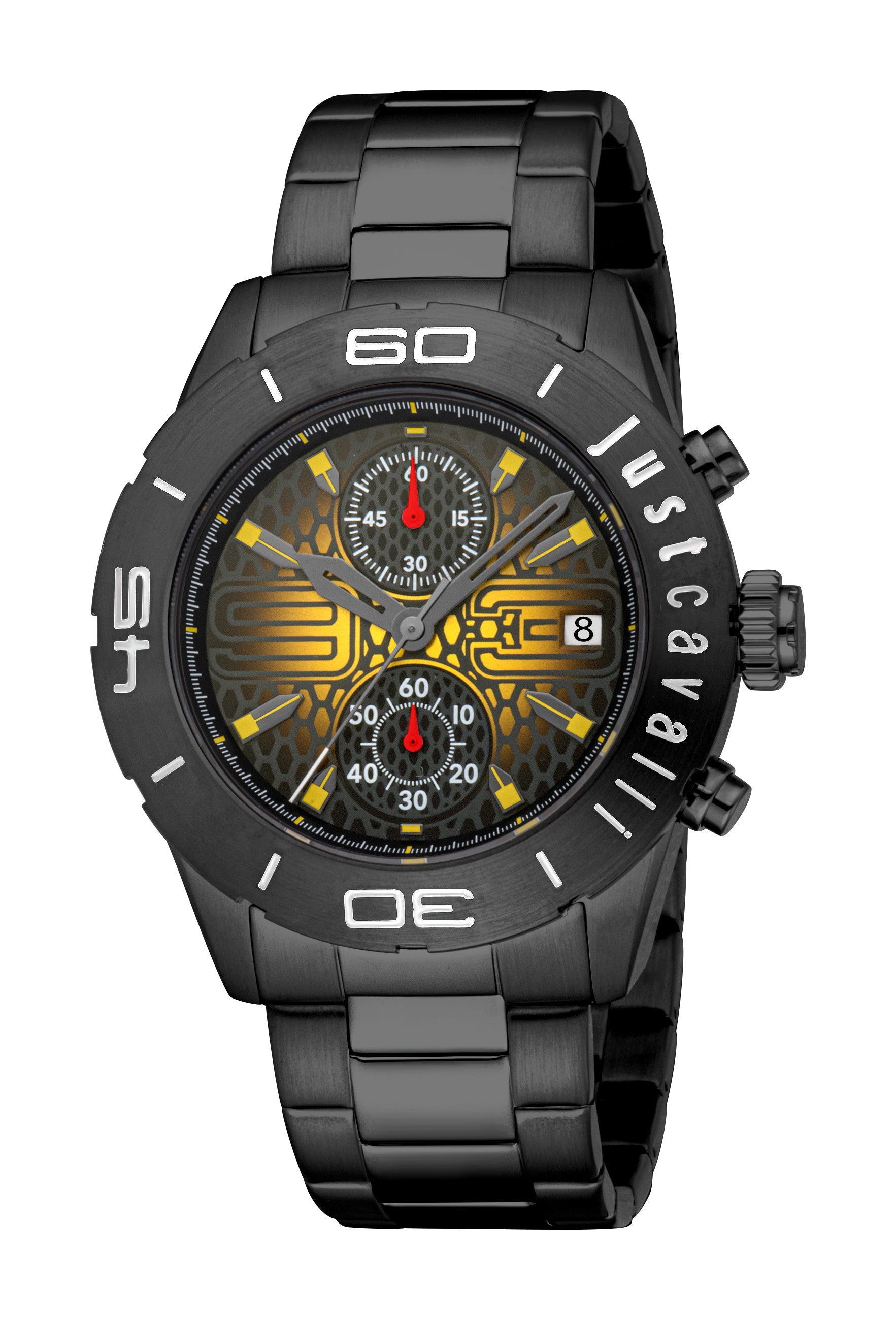 Just Cavalli men's watch with black metal case, black metal link bracelet, and a yellow and black textured chronograph dial.