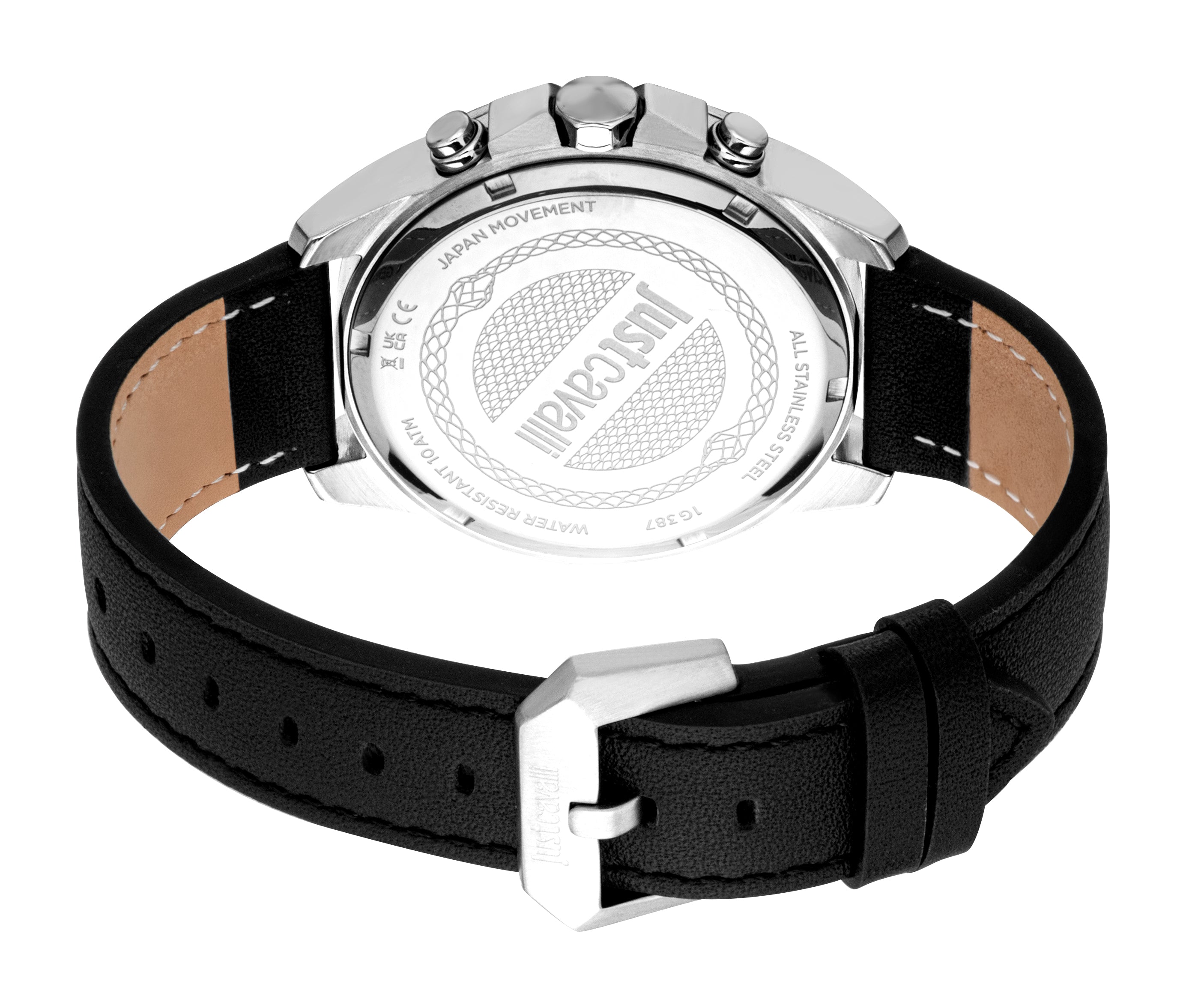 Men's watch with a silver-toned case, engraved back, and black leather strap with tan interior and silver-toned buckle.