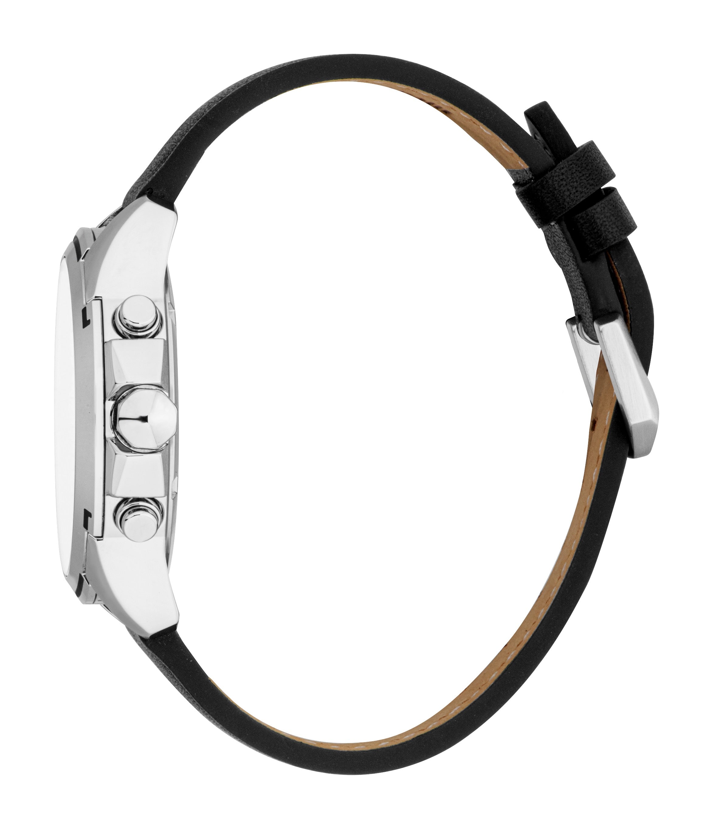 Men's watch with a silver-toned case, three side pushers, and a black leather strap with a silver-toned buckle.