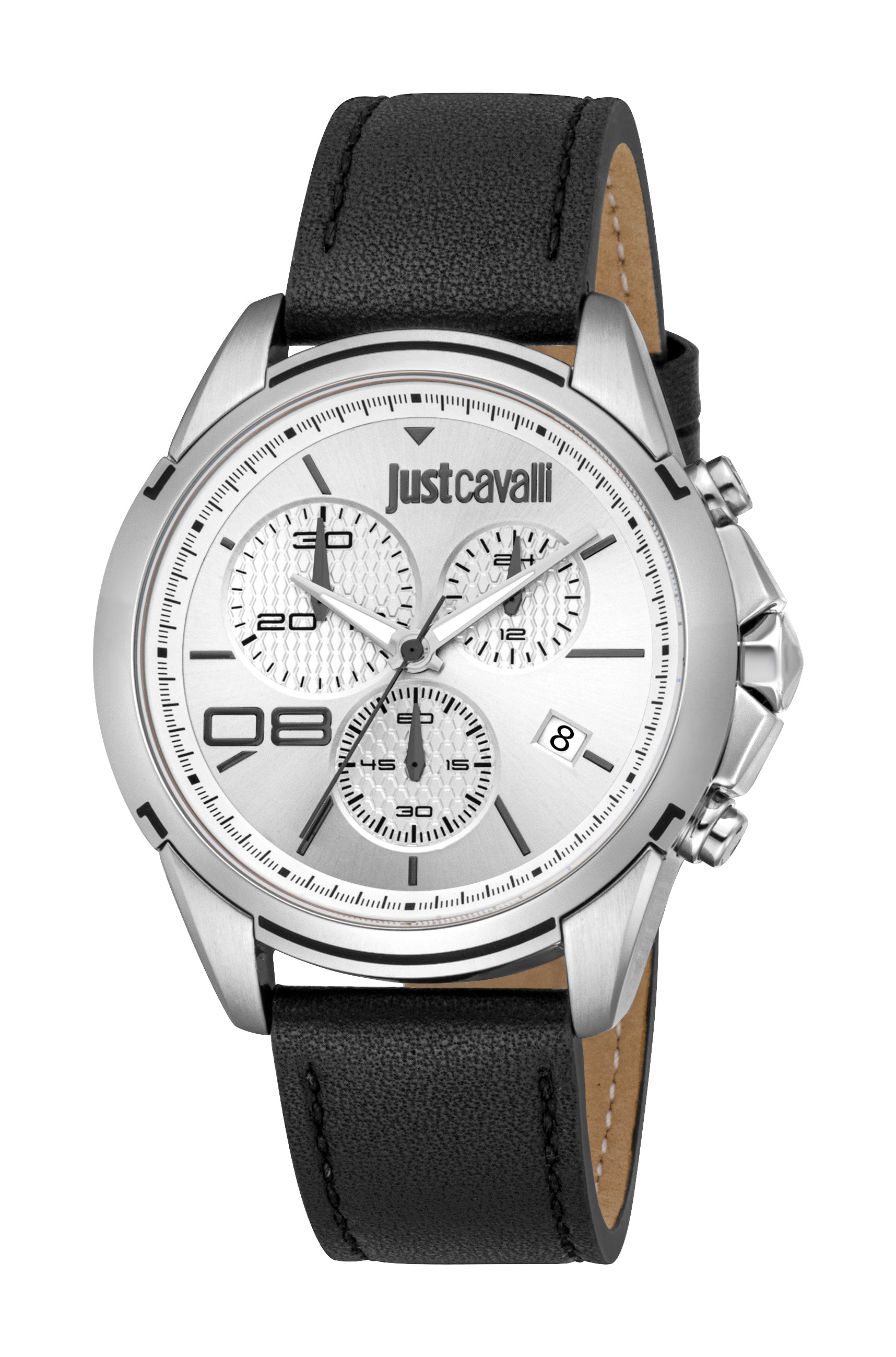 Men's Just Cavalli watch with a silver-toned case, silver dial, and black leather strap, showing three sub-dials and a date w