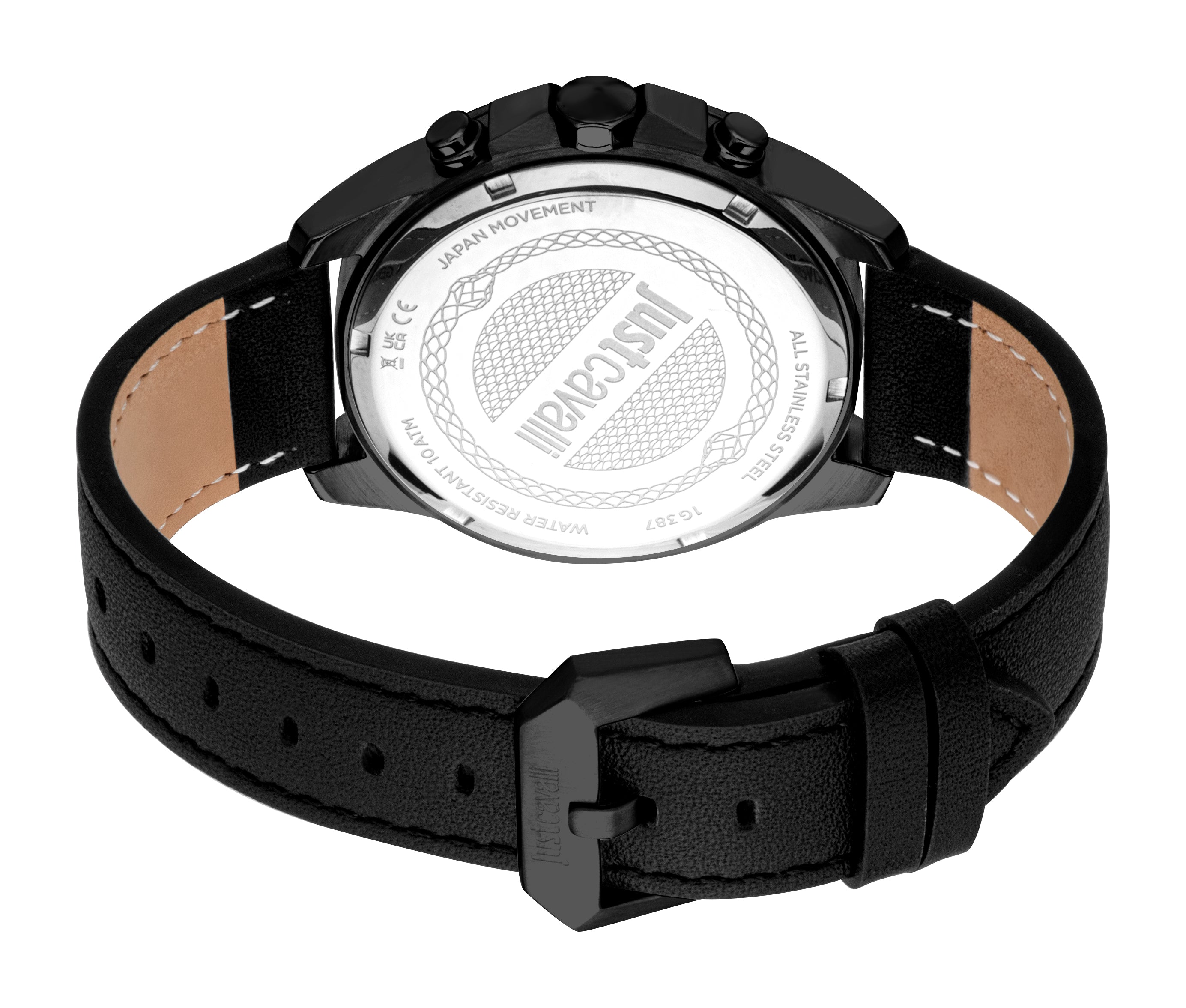 Back view of a men's black watch with a black leather strap, white stitching, black buckle, and a silver-toned case back with