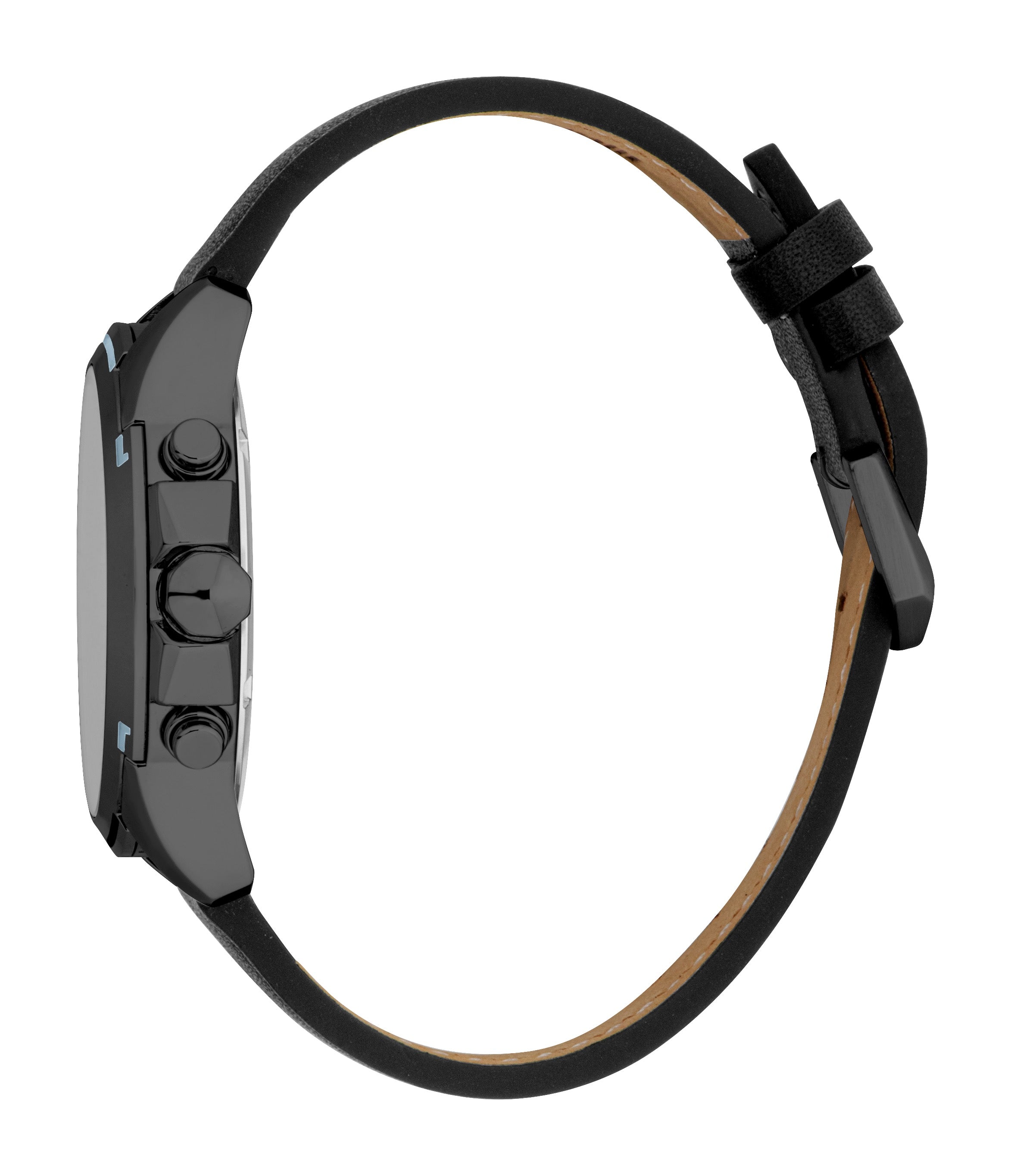 Men's watch with a black case, black dial, and black leather strap with a tan underside. Features three dark-toned pushers an
